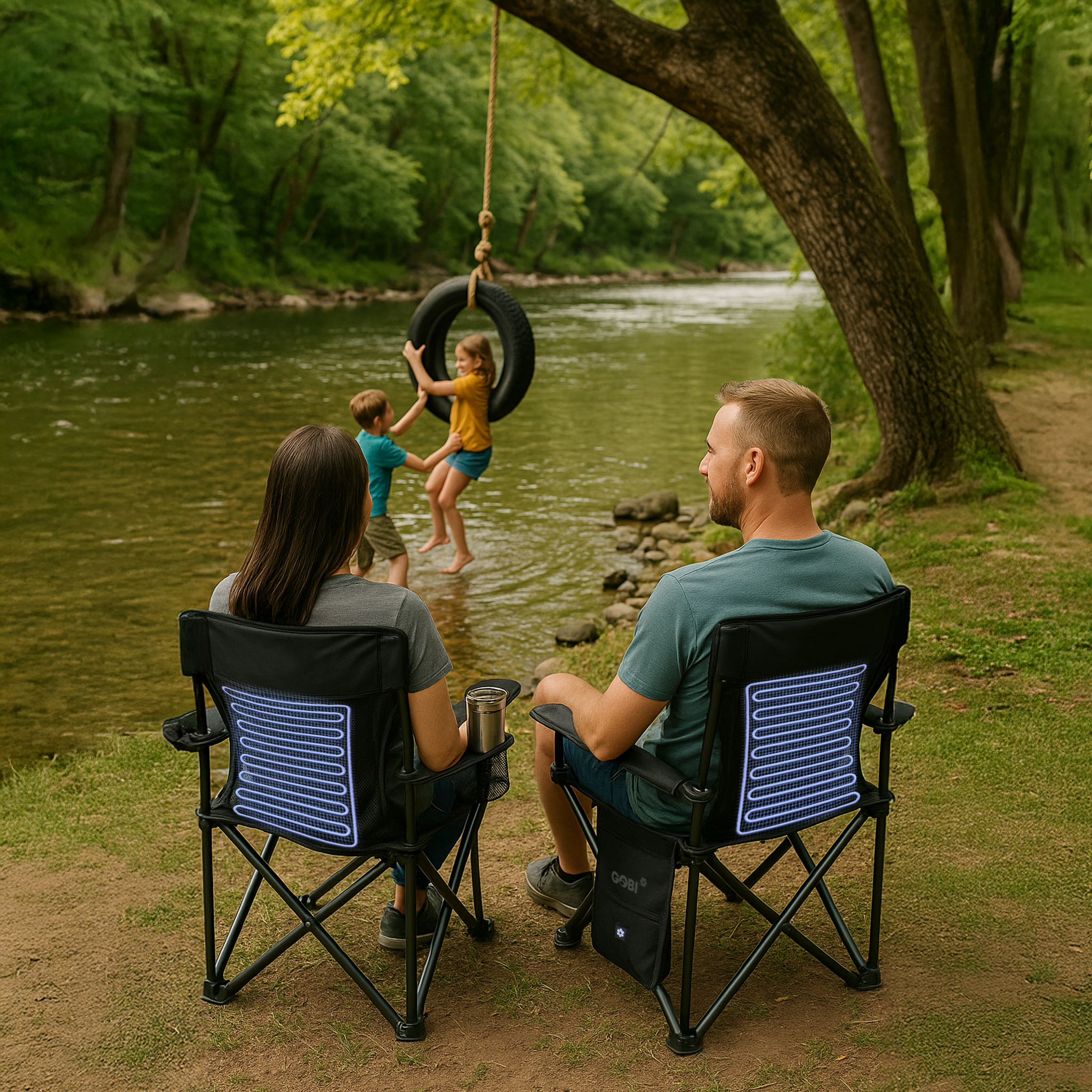 Family by a river with two adults in camping chairs and children playing nearby.