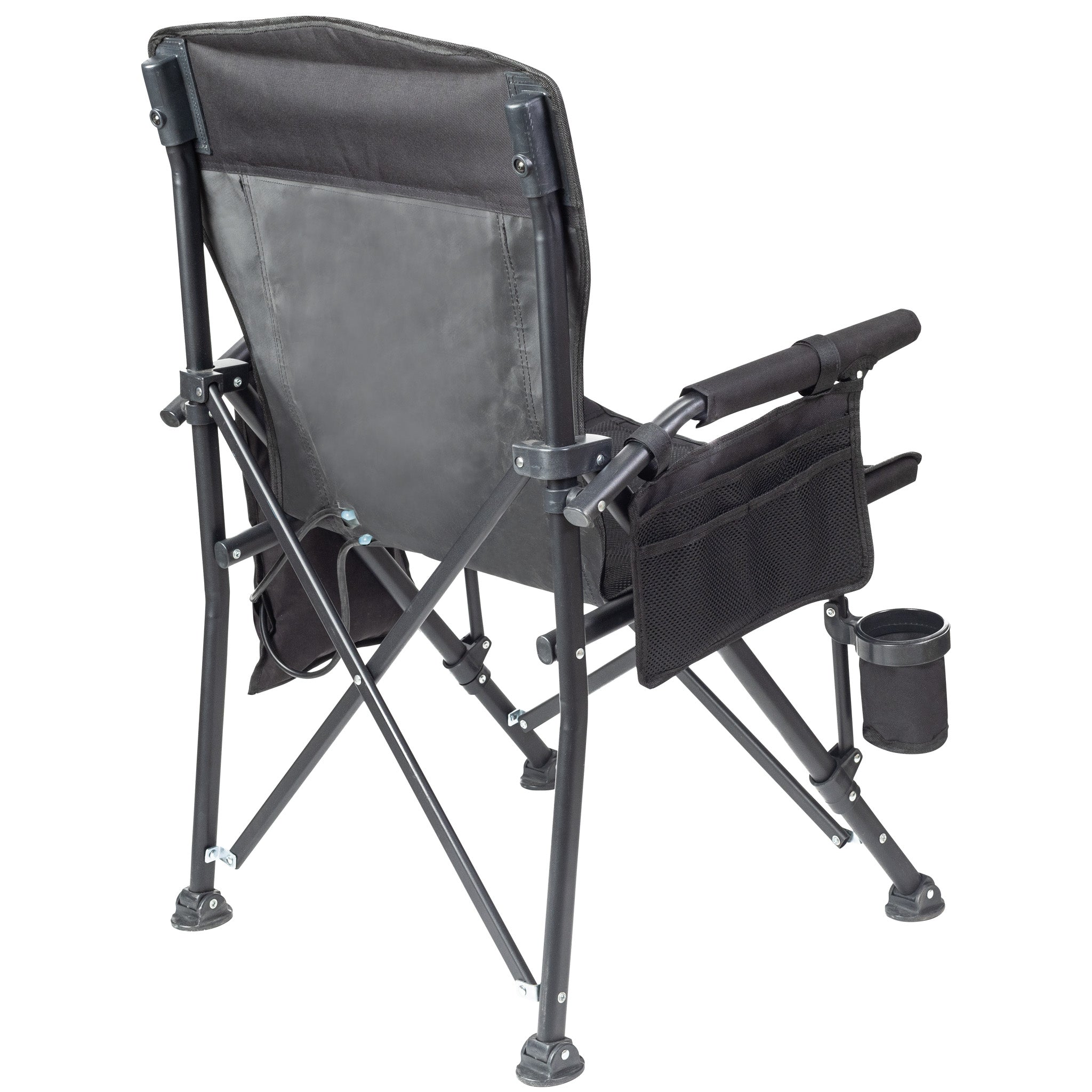 Black camping chair with cup holder on a white background