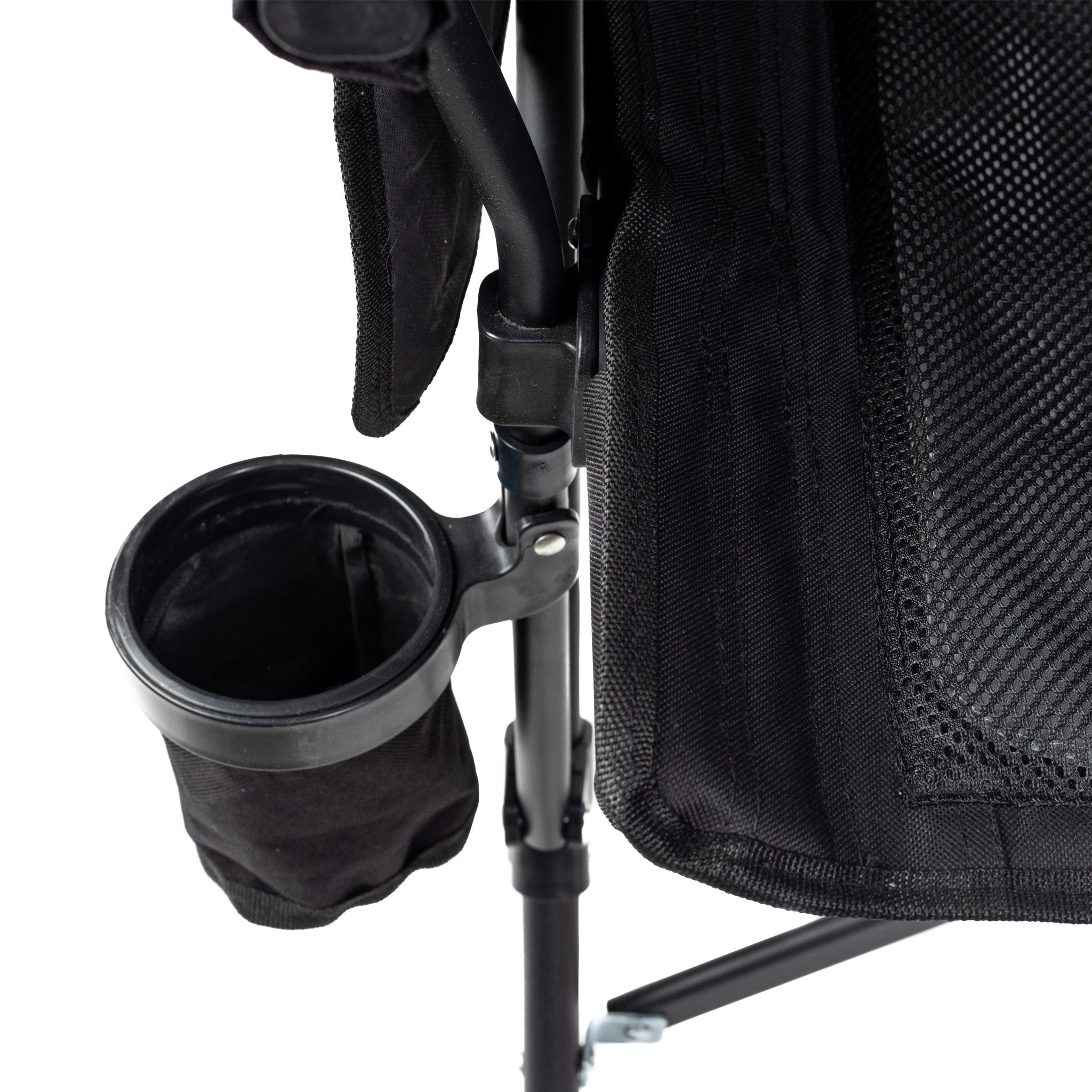 Black camping chair with cup holder on a white background
