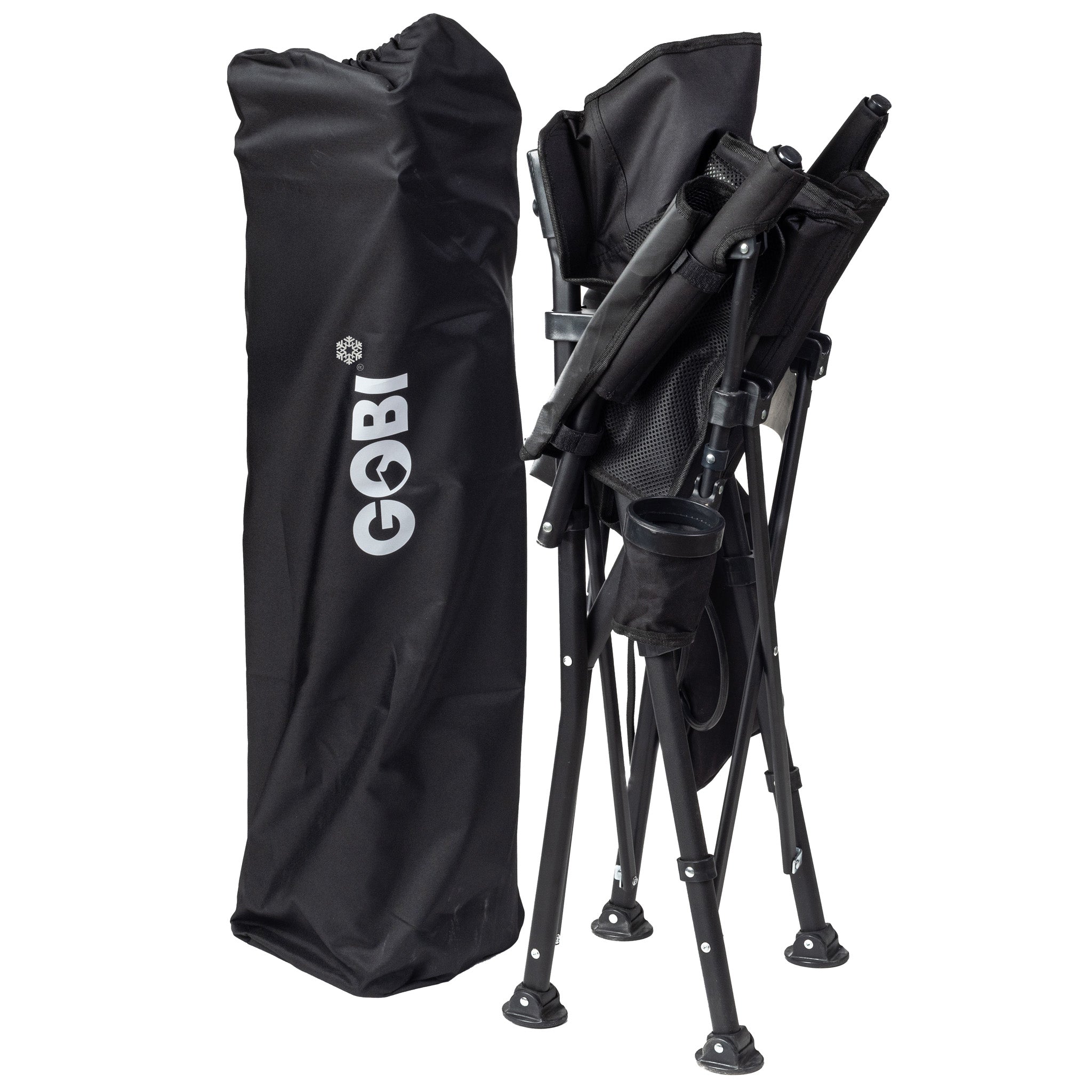 Black camping chair with carrying bag featuring 'Gobi' logo on a white background