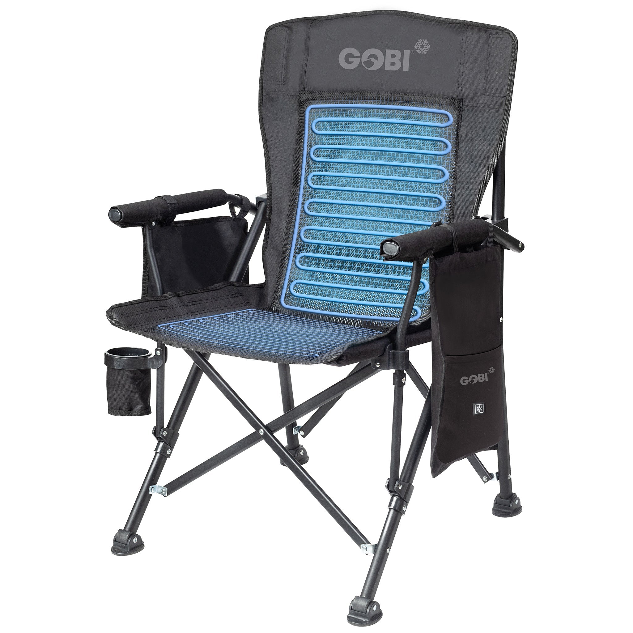 Black camping chair with blue mesh backrest and Gobi branding on a white background