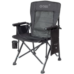 Black camping chair with cup holder and leg rest, featuring the Gobi brand logo.