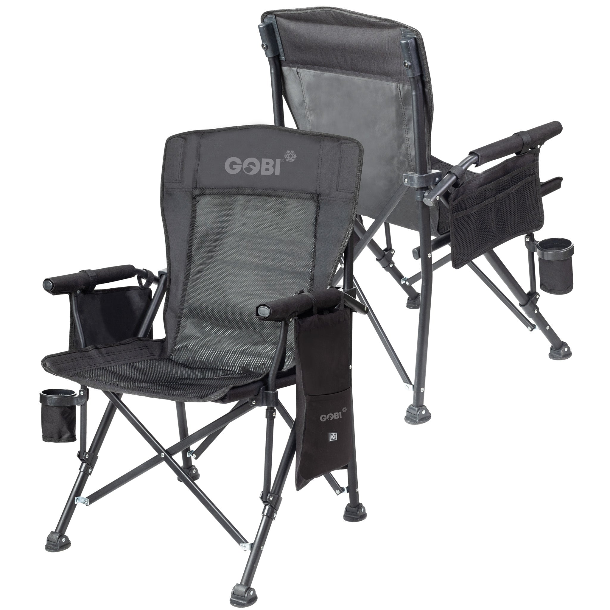 Two black camping chairs with cup holders and Gobi branding on a white background