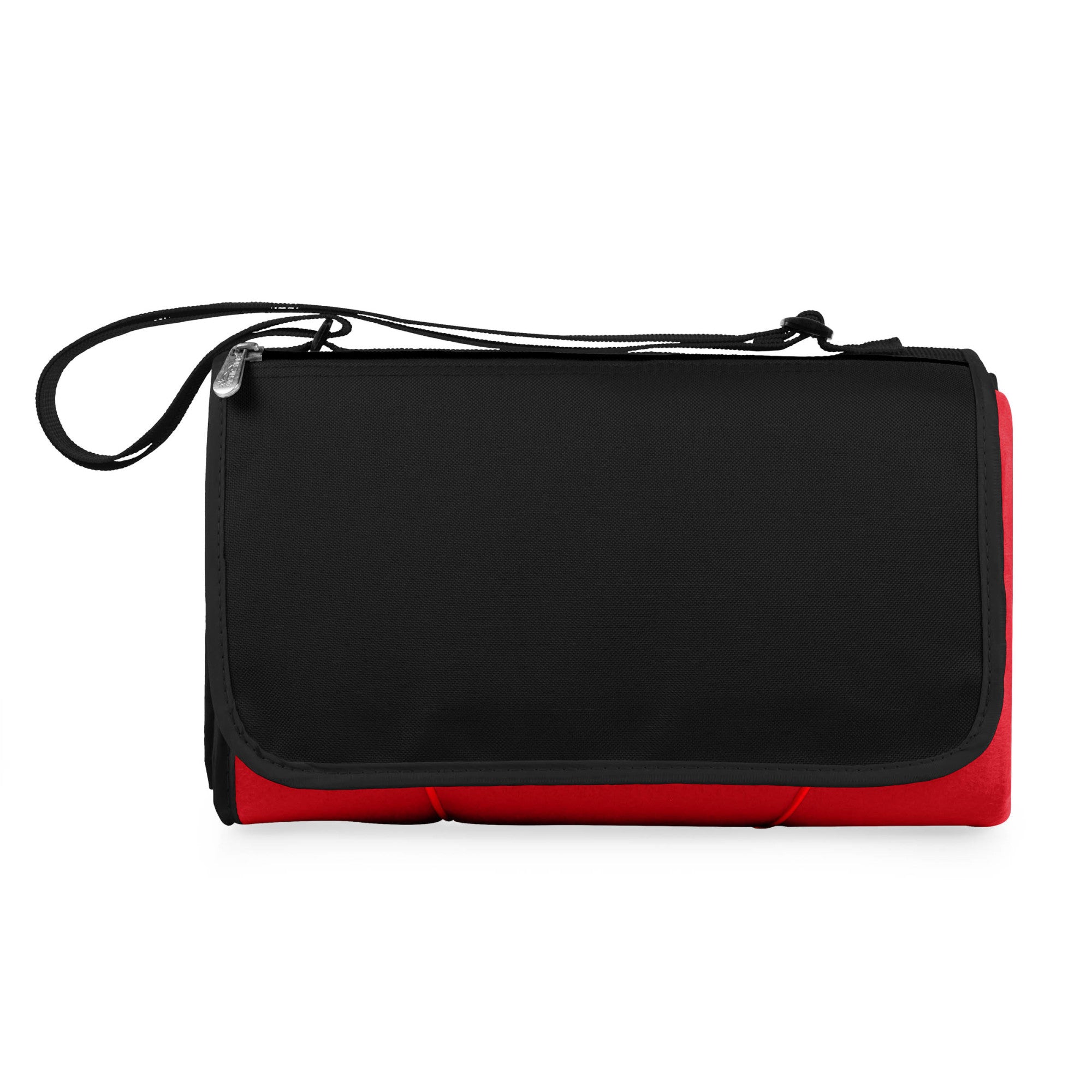 Black and red folding bag with a strap on a white background