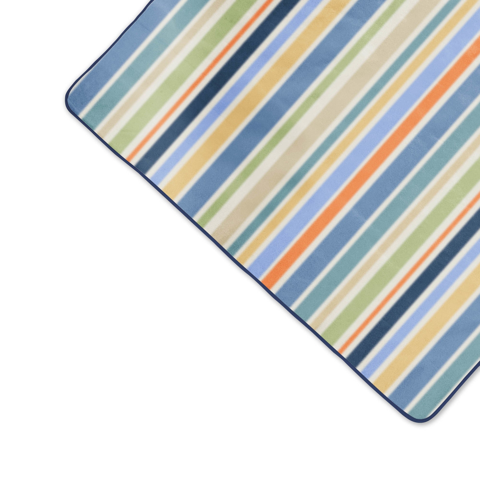 Striped rug with blue, green, orange, and beige colors on a white background