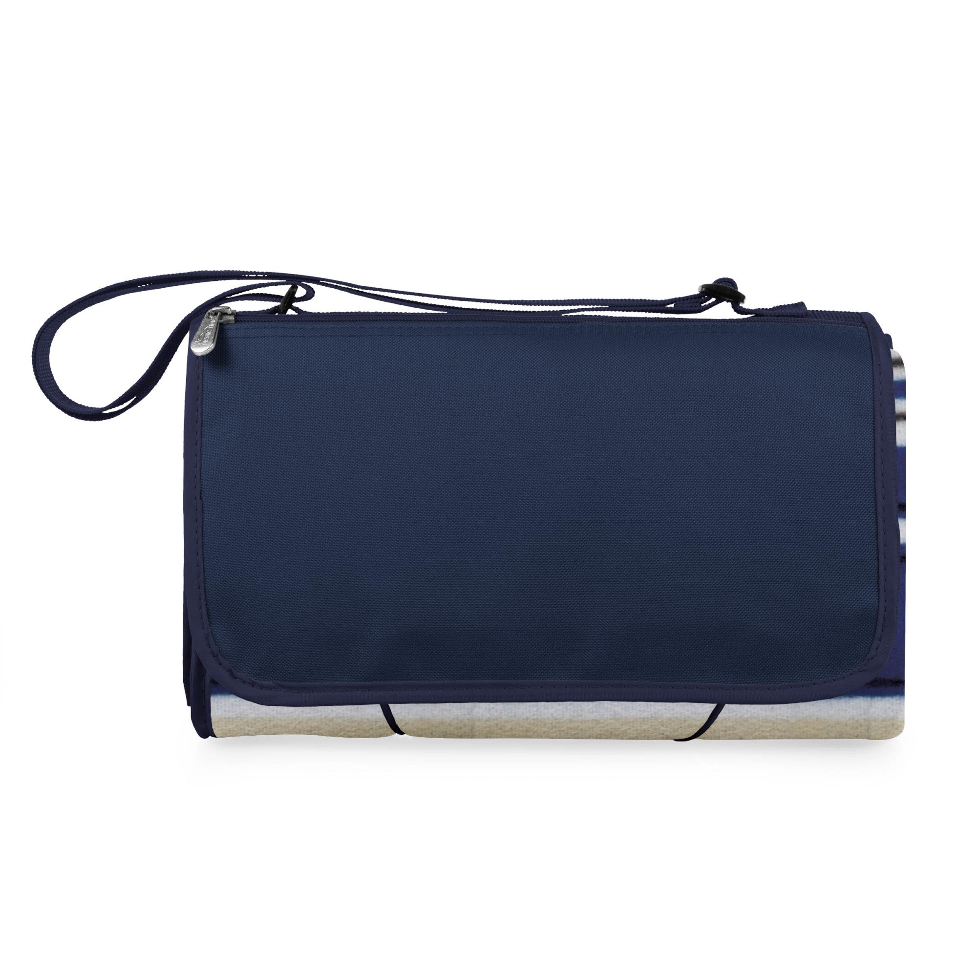 Navy blue folding picnic blanket with a strap on a white background