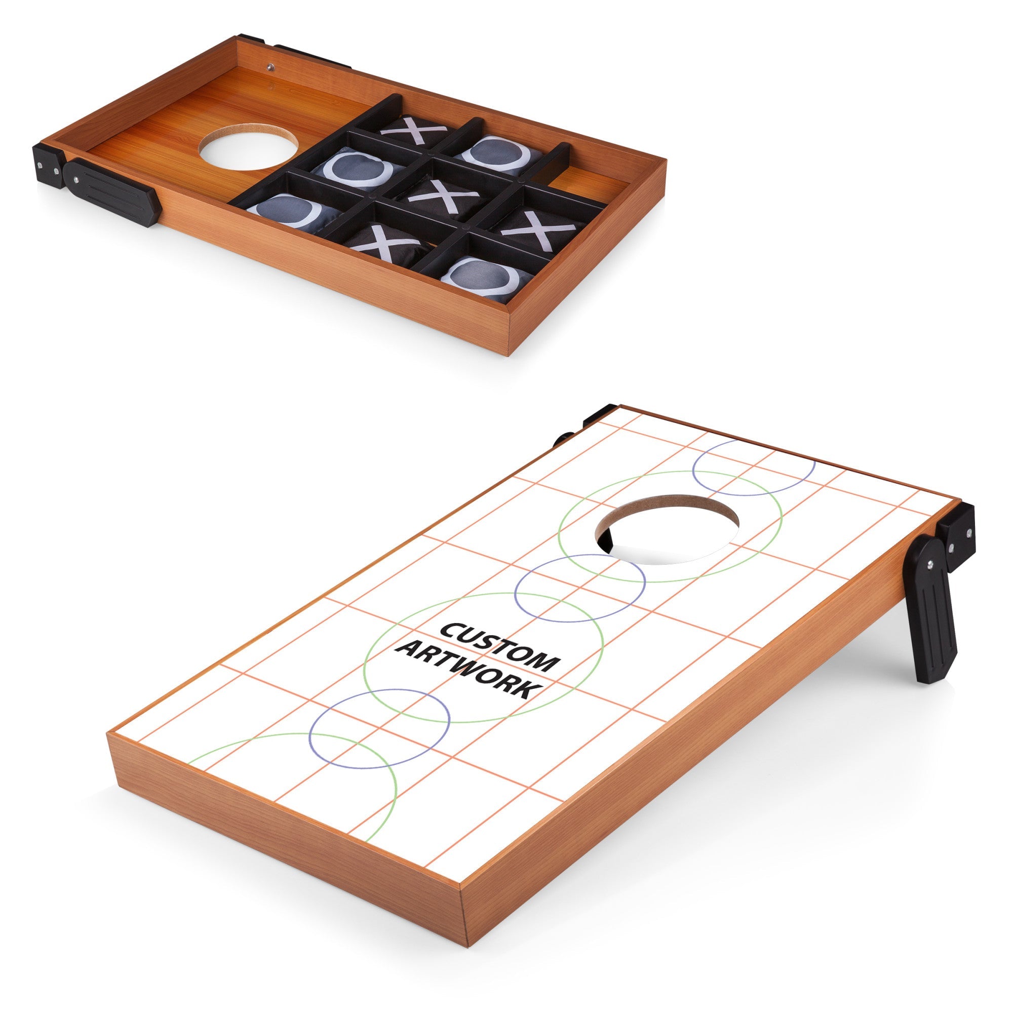 Two game boards, one with tic-tac-toe pieces and the other with a grid for cornhole, on a white background.