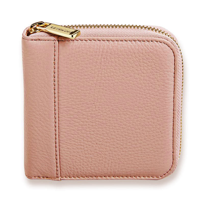 Pink wallet with gold zipper on a white background
