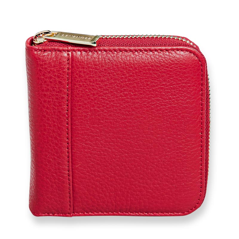 Red leather wallet with gold zipper on a white background