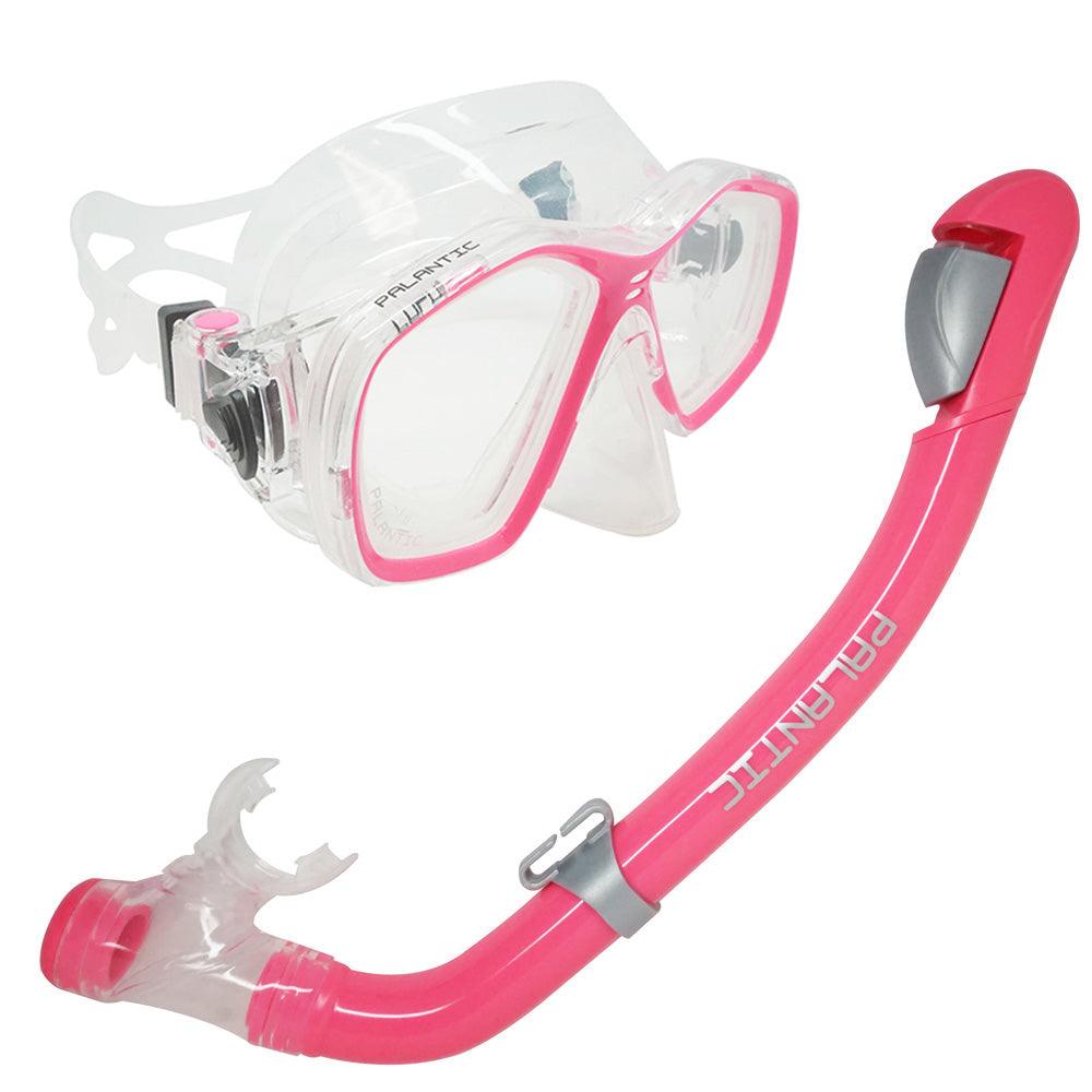 Pink and clear snorkeling mask and snorkel set on a white background