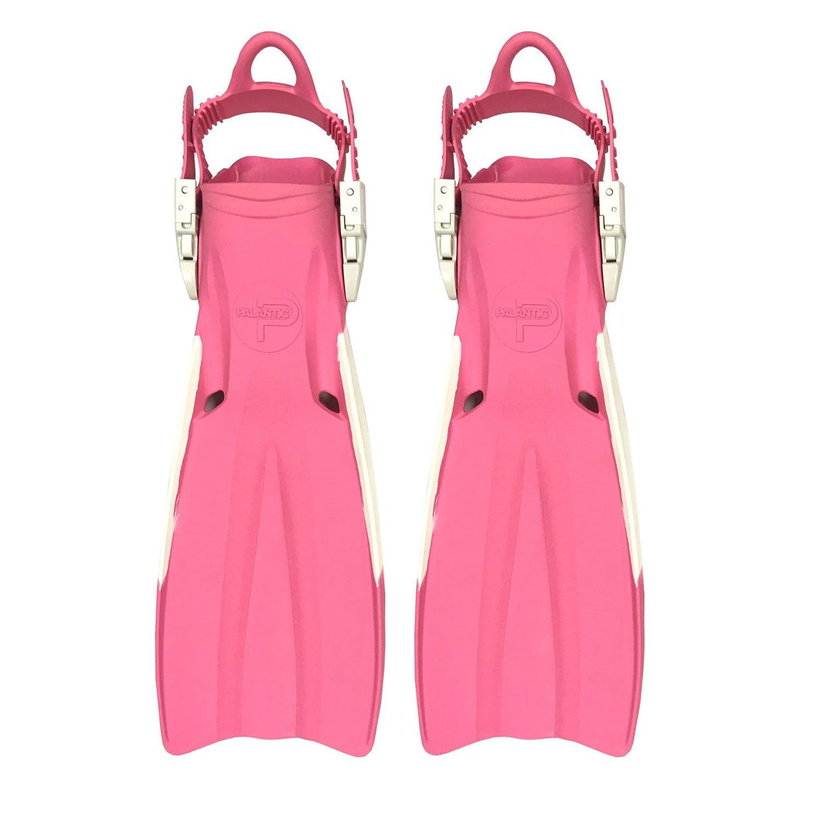 Pair of pink diving fins on a white background