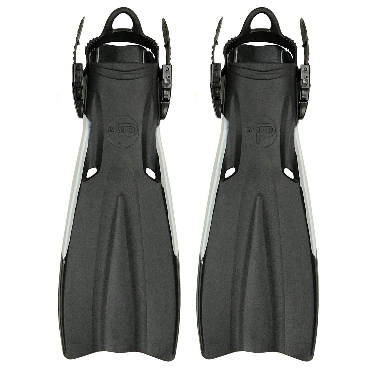 Pair of black diving fins with white accents on a white background
