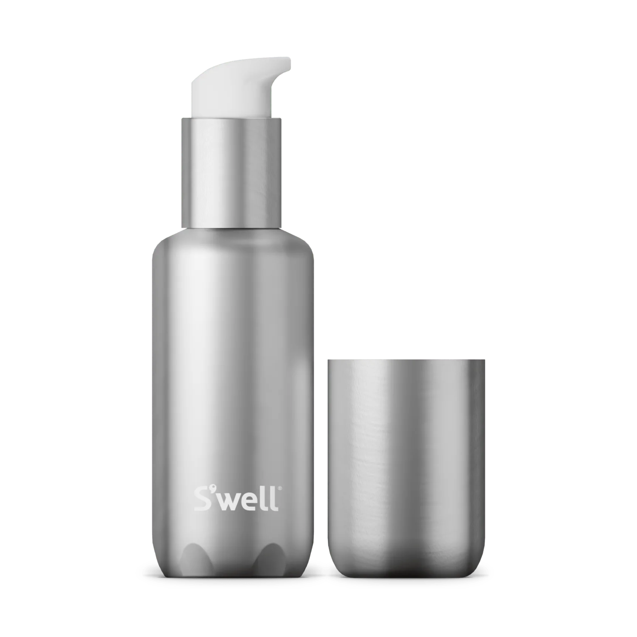 Silver S'well bottle and cup set on a white background