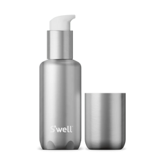 Silver S'well bottle and cup set on a white background