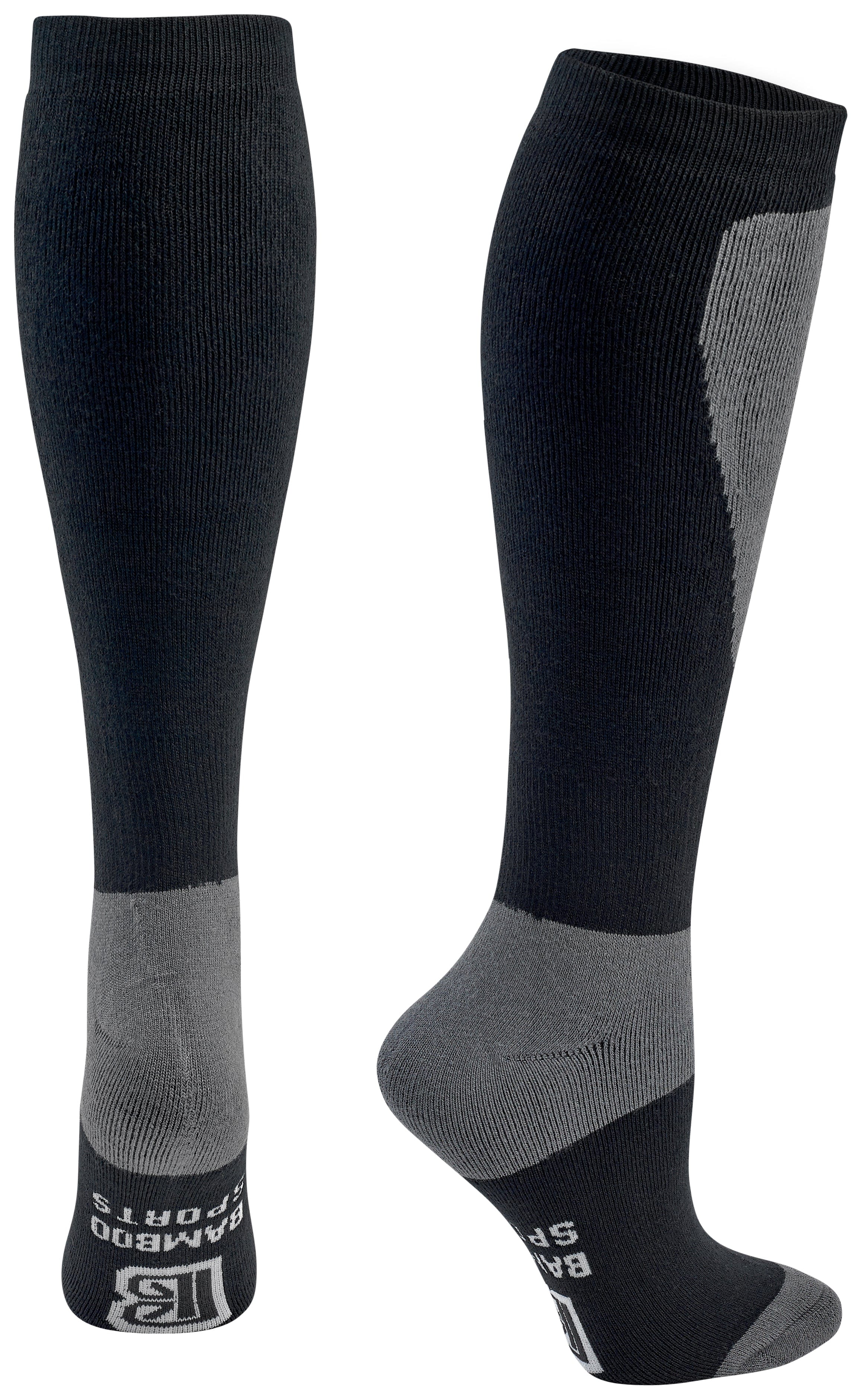 Black and gray knee-high socks with brand logo on a white background