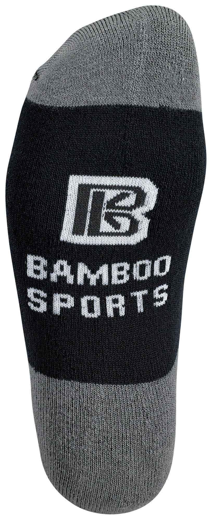 Black and gray sock with 'Bamboo Sports' logo on a white background