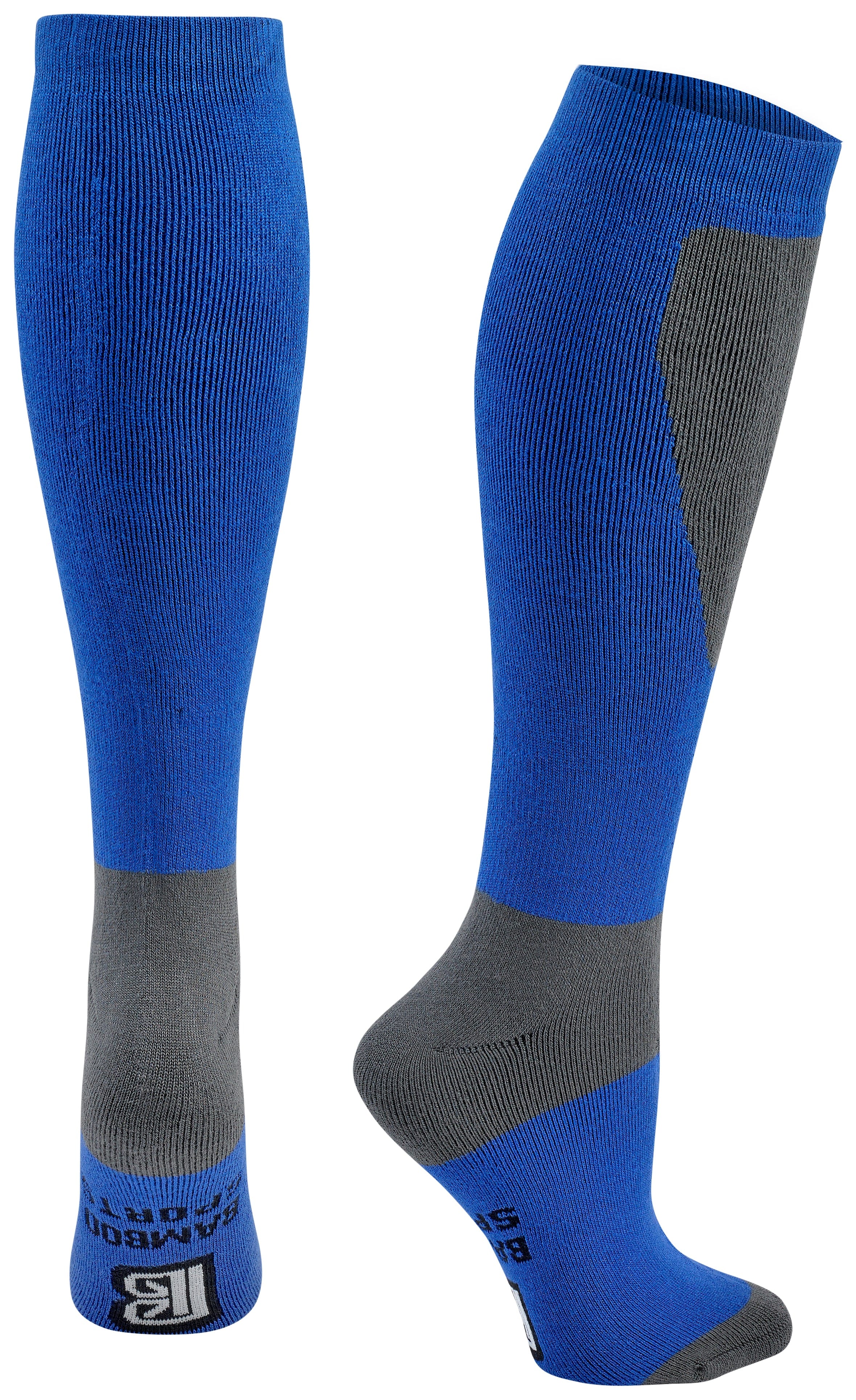 Pair of blue and gray knee-high socks on a white background
