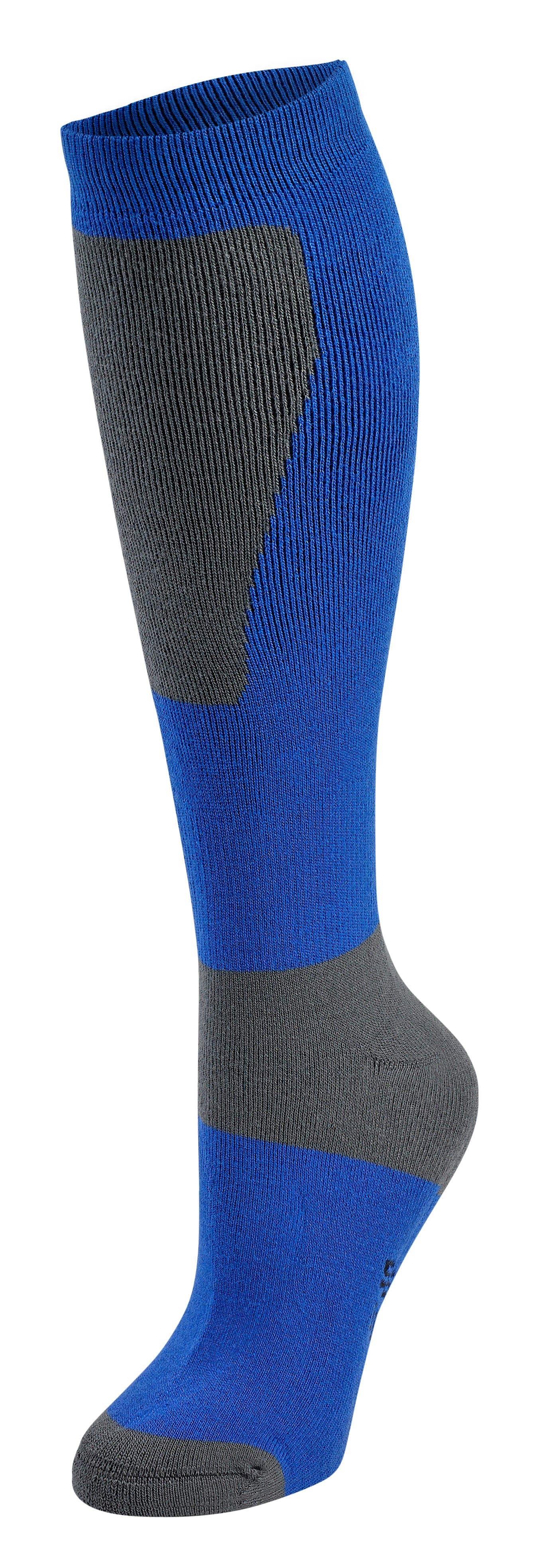 Knee-high blue and gray sock on a white background
