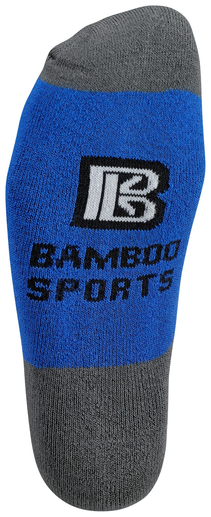 Blue and gray sock with 'PB Bamboo Sports' branding on a white background