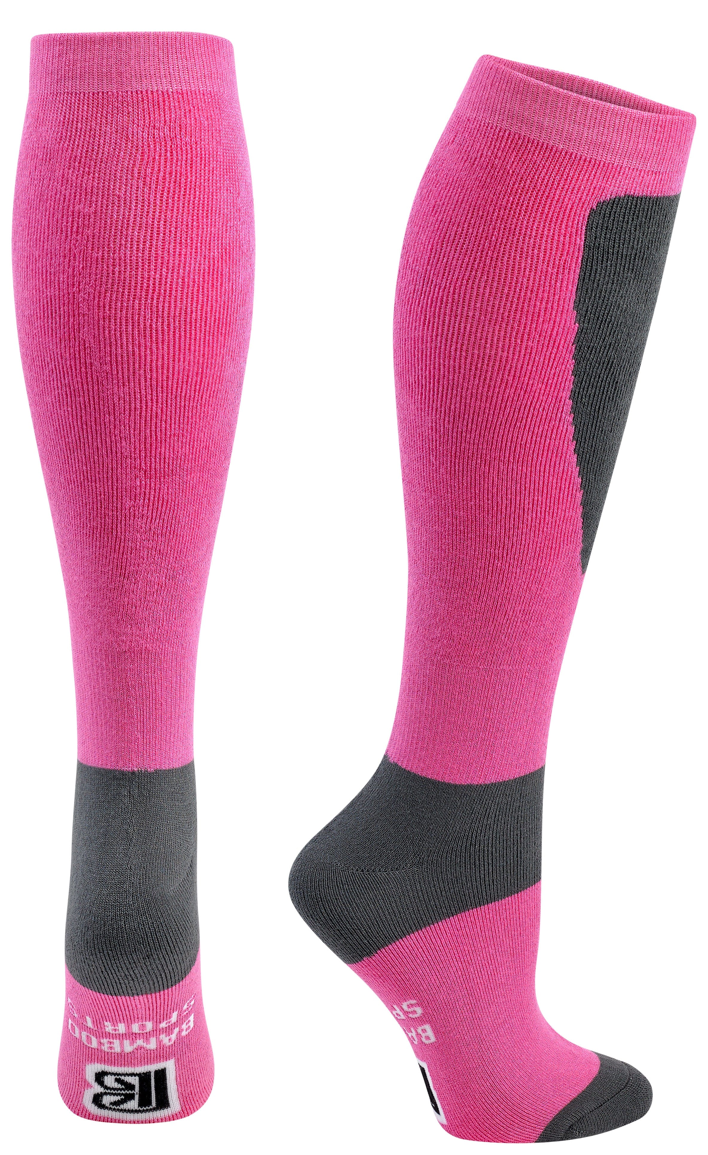Pink and black knee-high socks on a white background