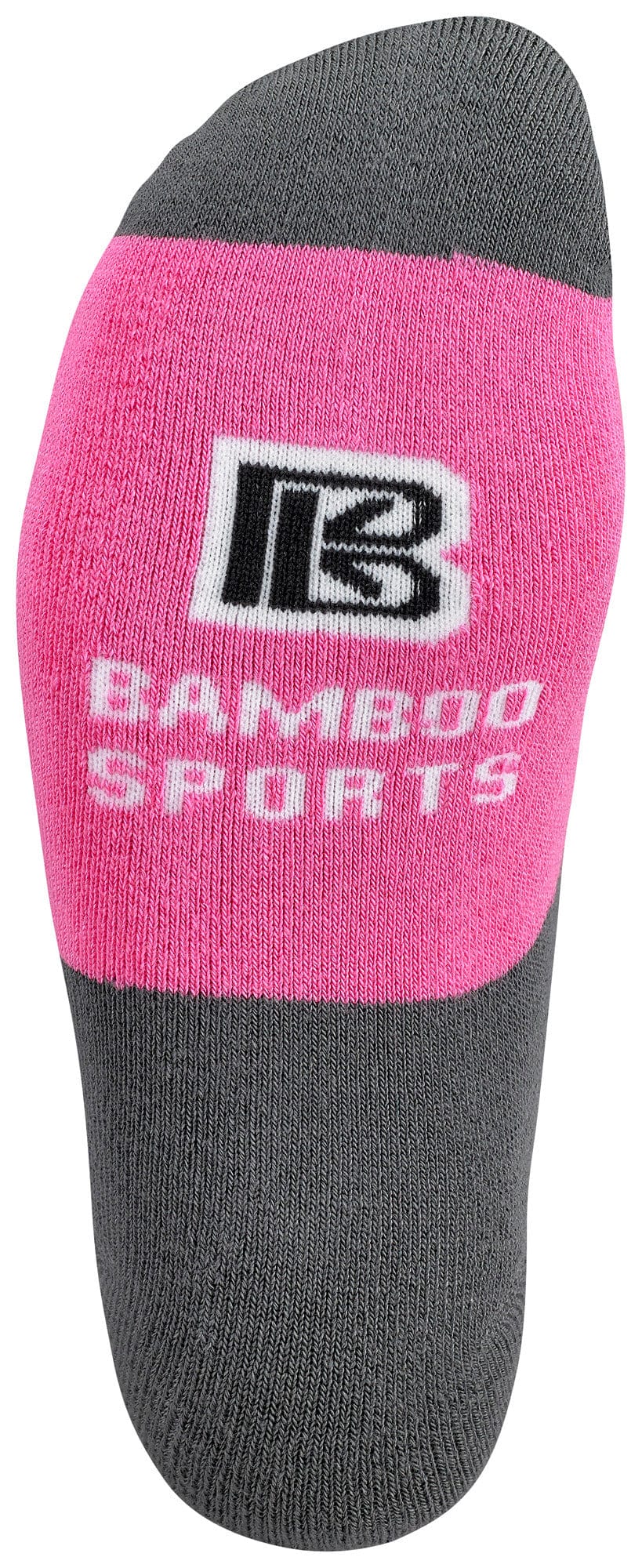 Pink and gray sock with 'PB Bamboo Sports' branding on a white background