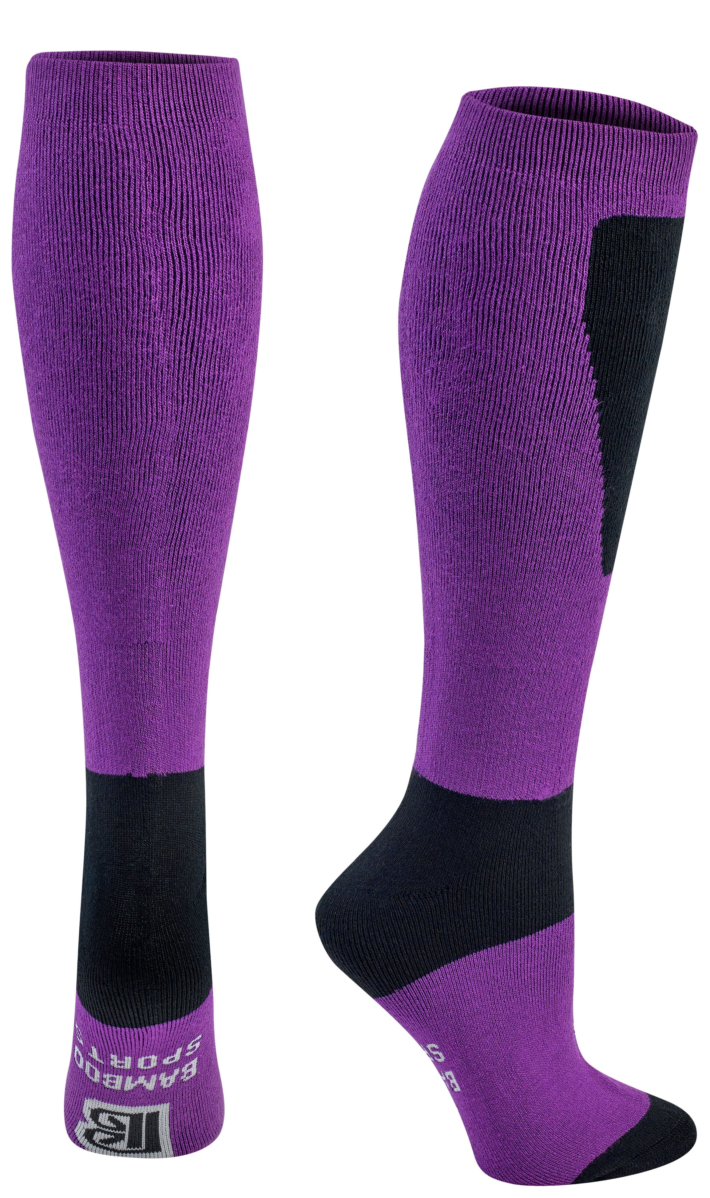 Purple knee-high socks with black accents on a white background