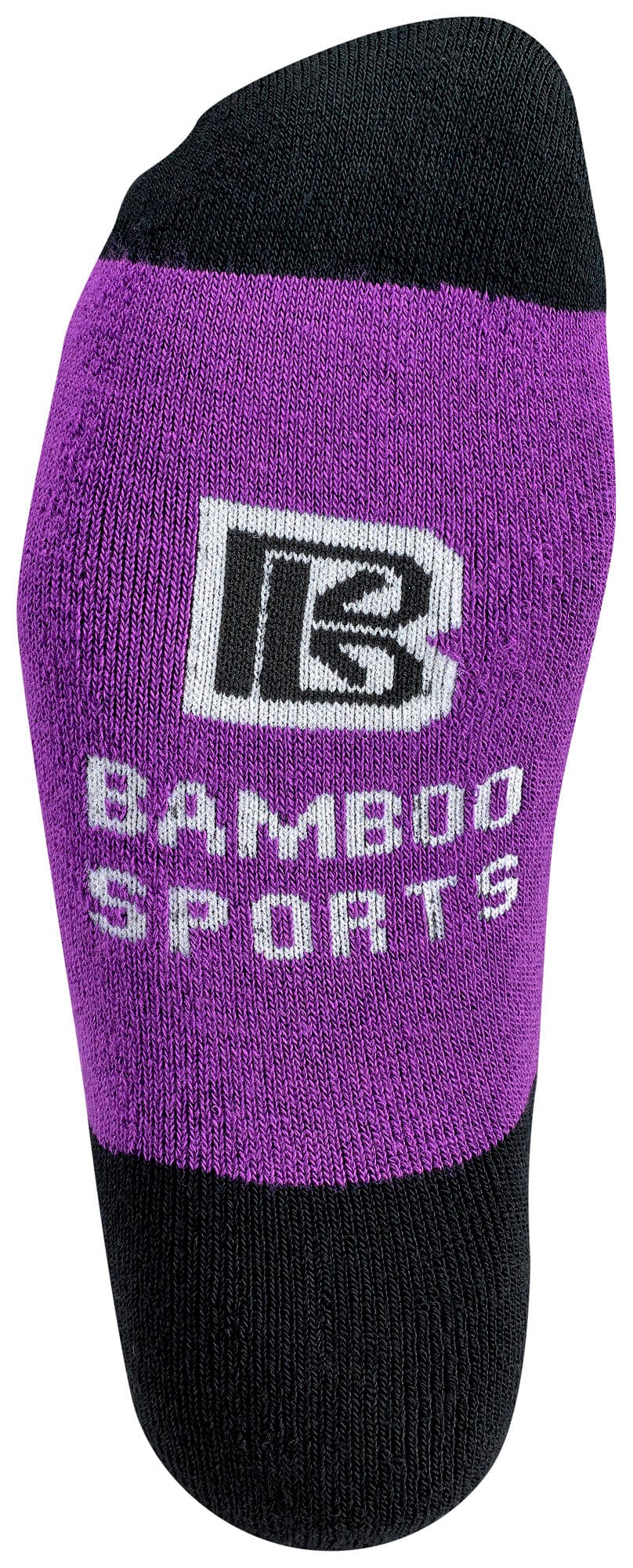 Purple and black sock with 'Bamboo Sports' branding on a white background