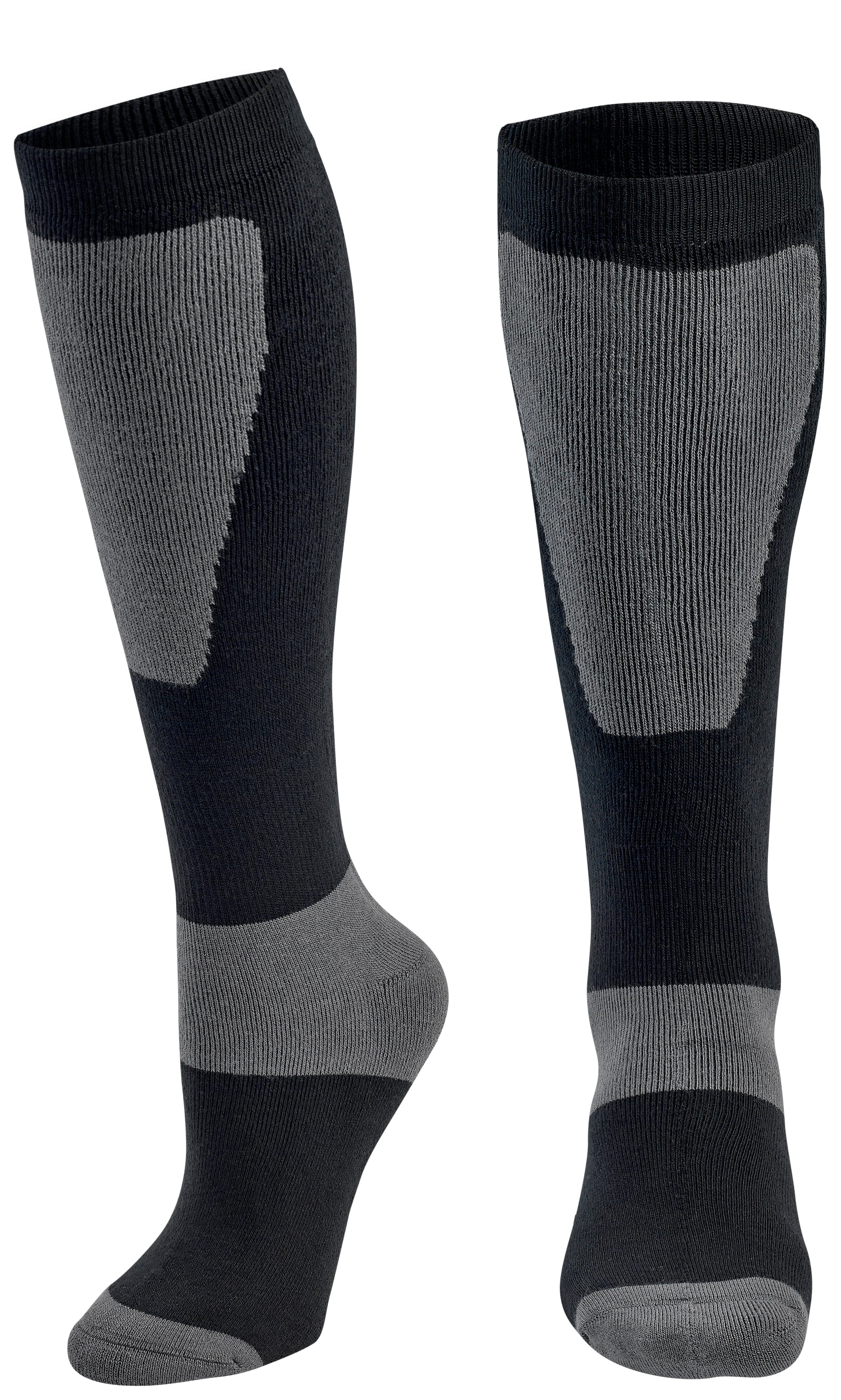 Pair of black and gray knee-high socks on a white background