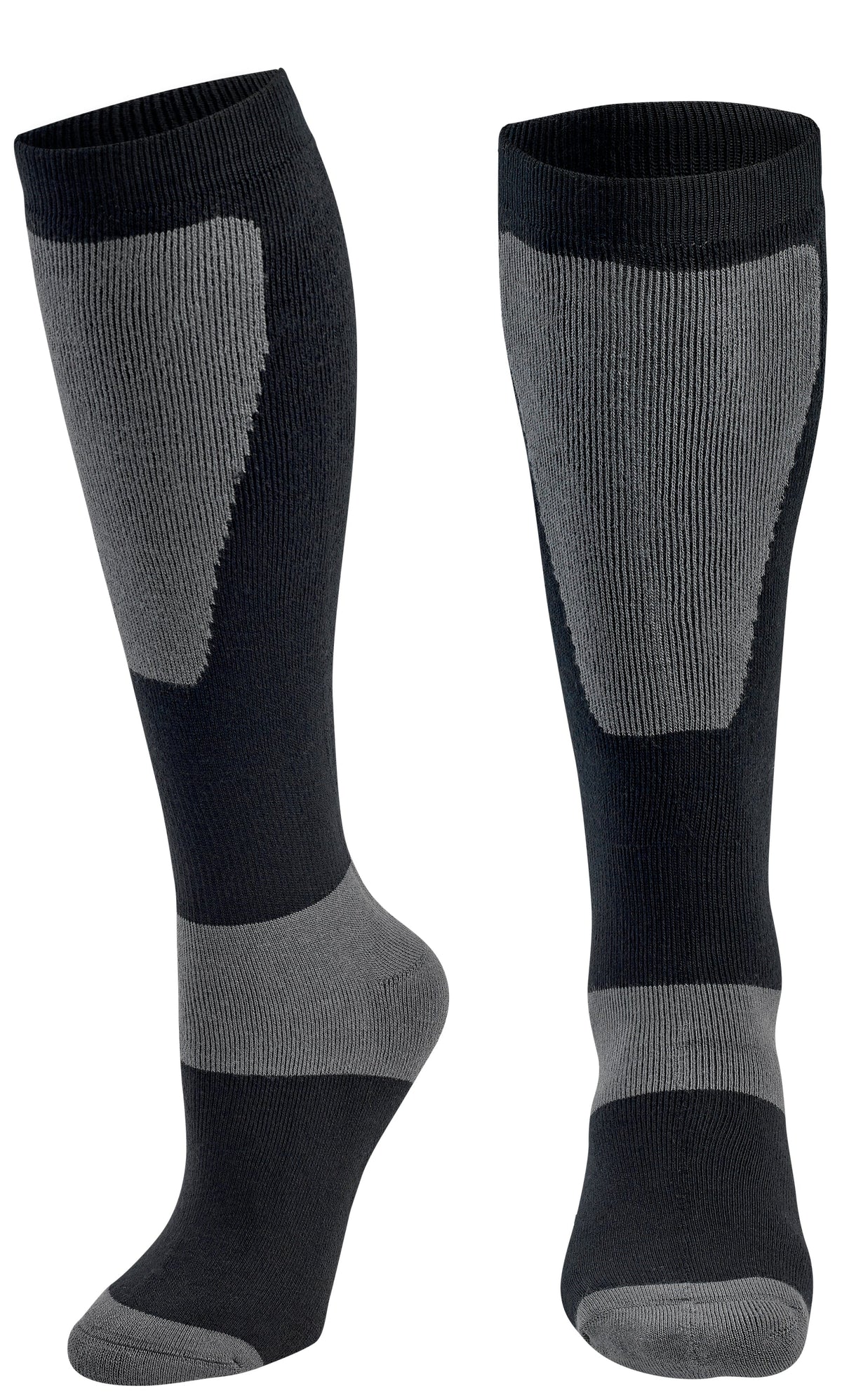 Pair of black and gray knee-high socks on a white background