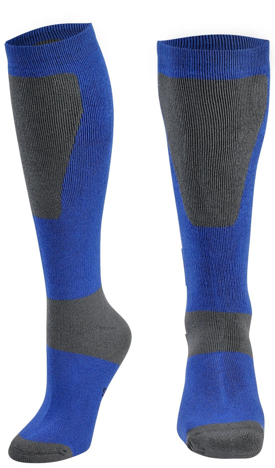 Pair of blue and gray knee-high socks on a white background
