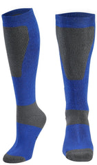 Pair of blue and gray knee-high socks on a white background
