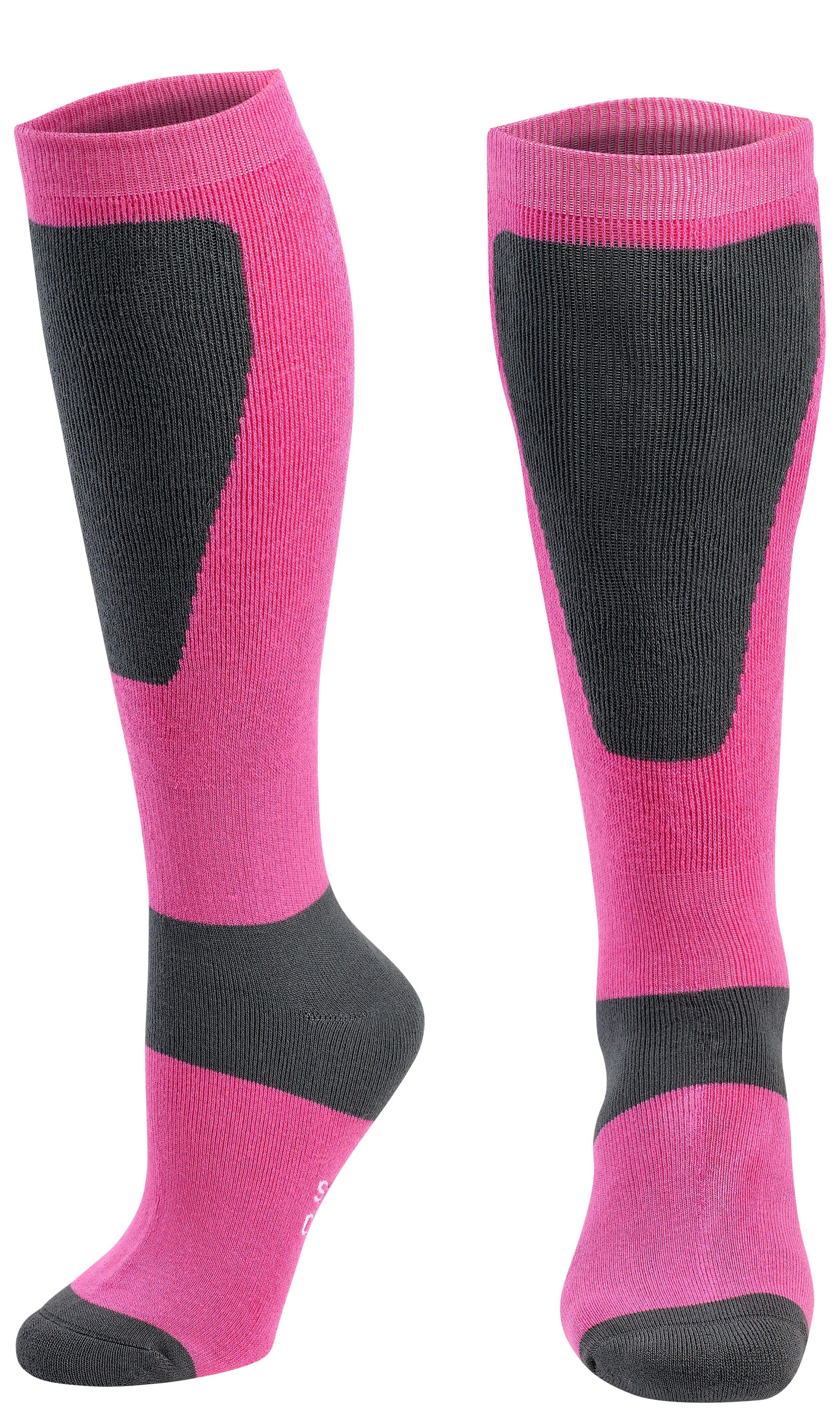 Pink and black knee-high socks on a white background