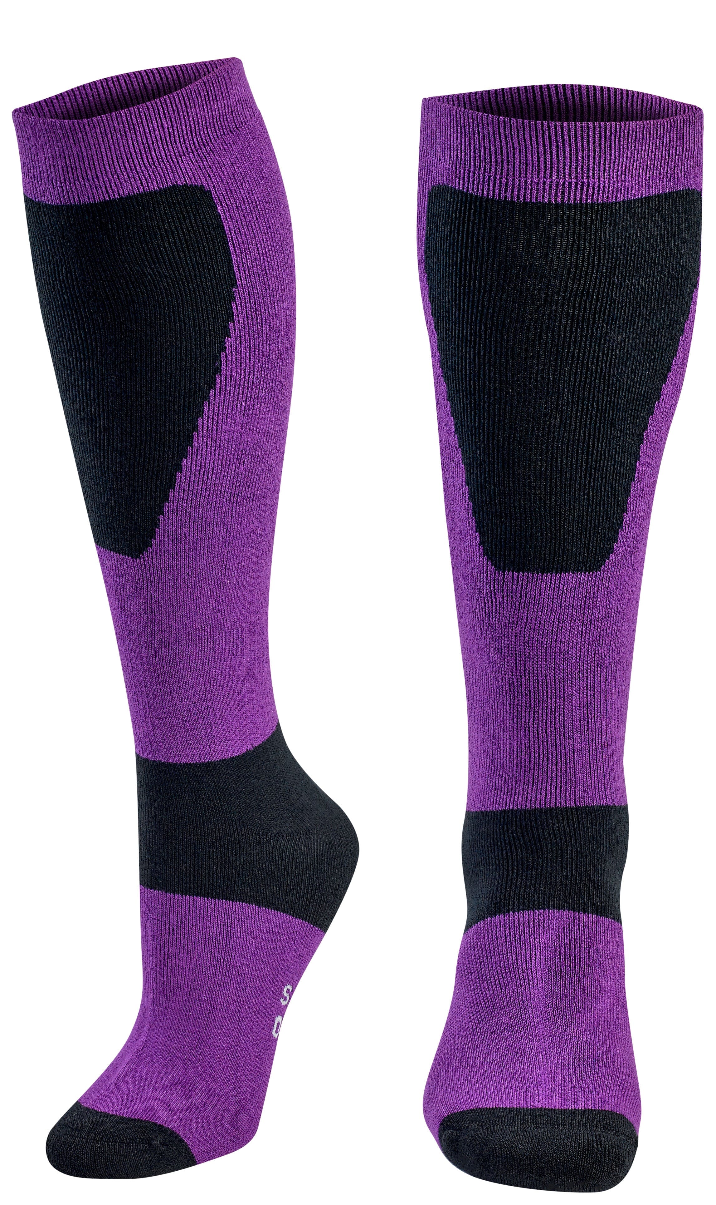 Purple and black knee-high socks on a white background