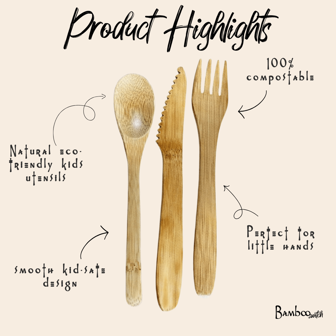 Bamboo kids' utensils set with text highlighting features on a beige background