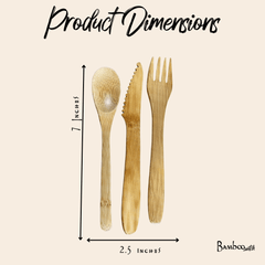 Bamboo cutlery set with dimensions labeled on a beige background