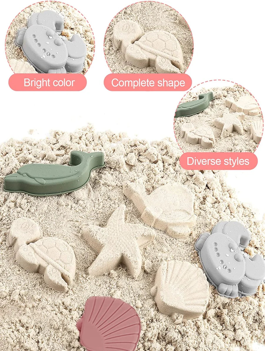 Sandcastle molds in various shapes and colors on a sandy background