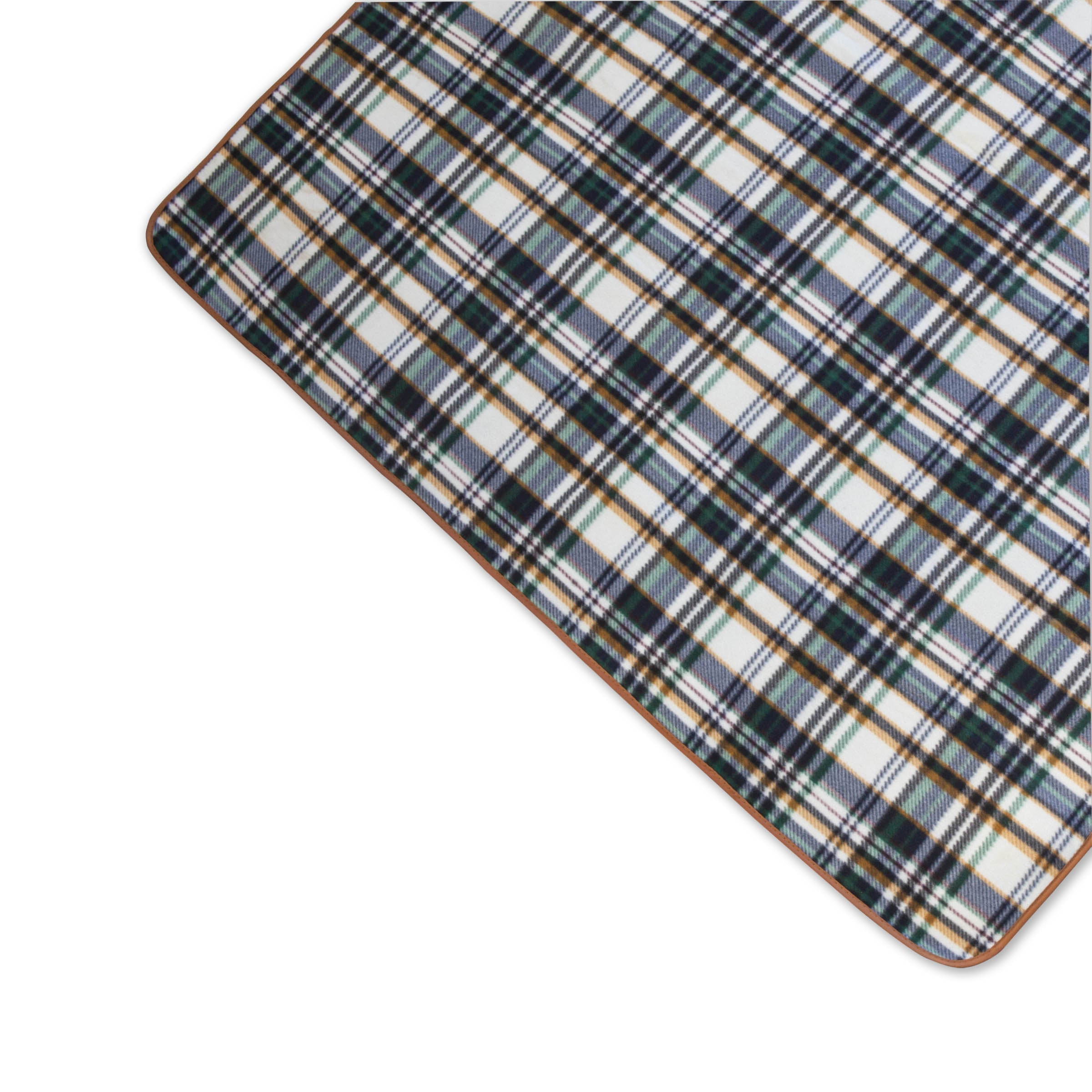 Plaid patterned rug with blue, white, and beige colors on a white background