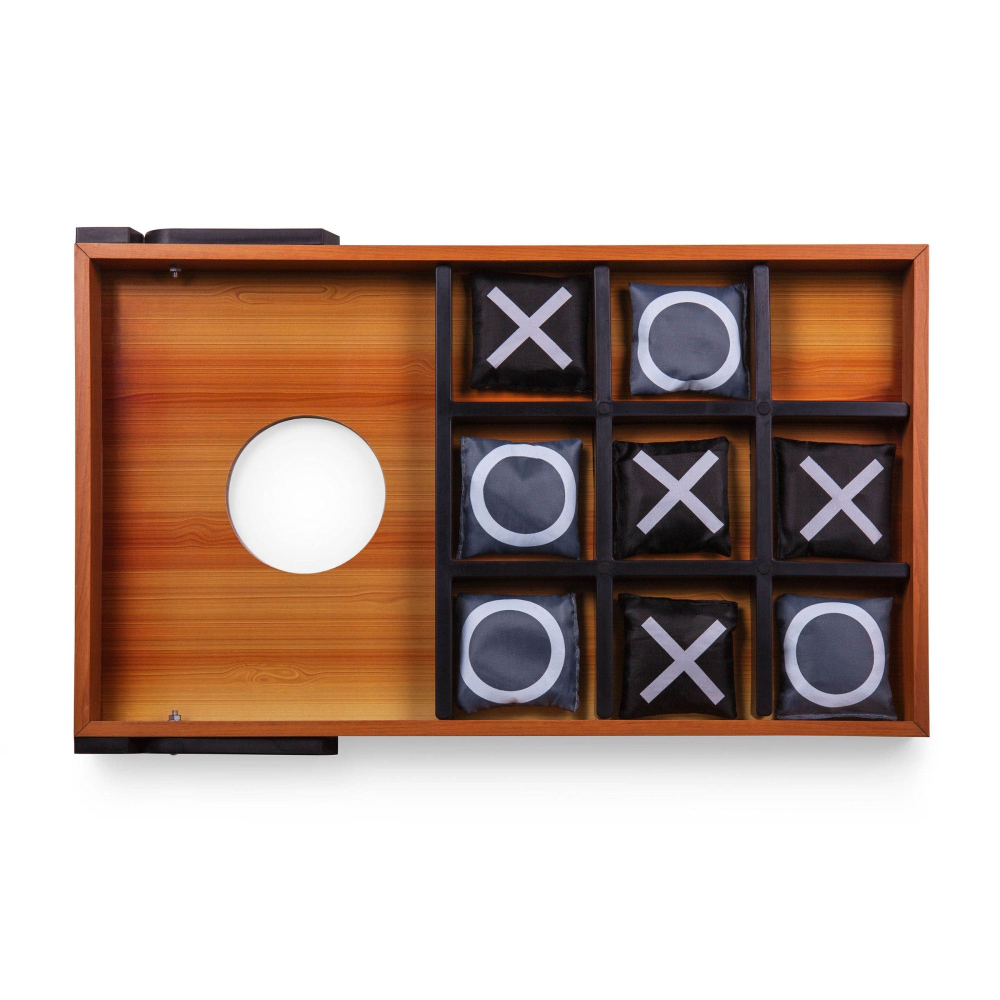 Wooden tic-tac-toe game set with black and white markers on a white background
