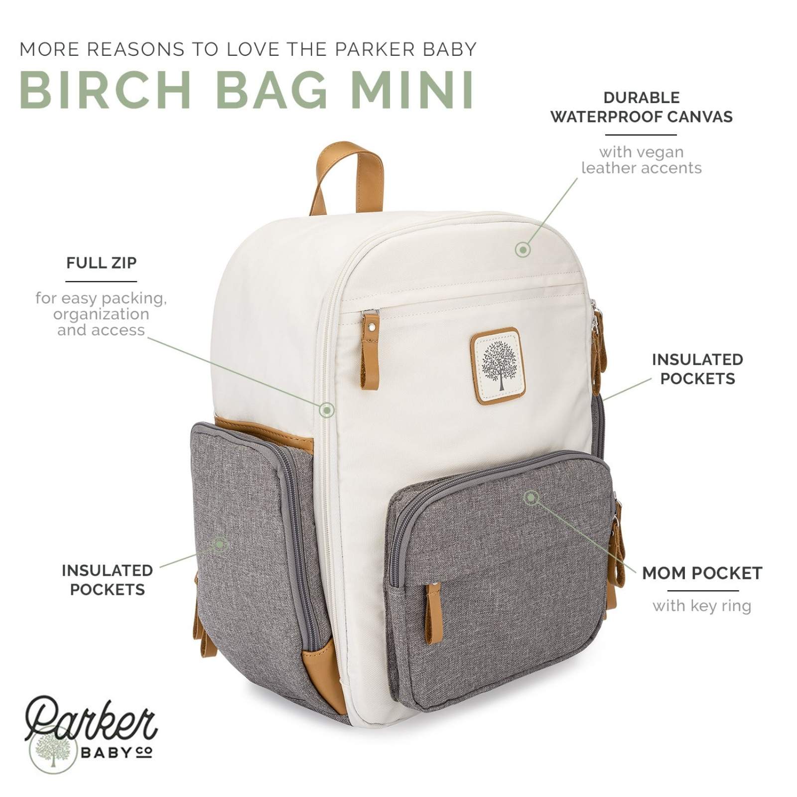 Parker Baby Birch Bag Mini with features highlighted on a white background