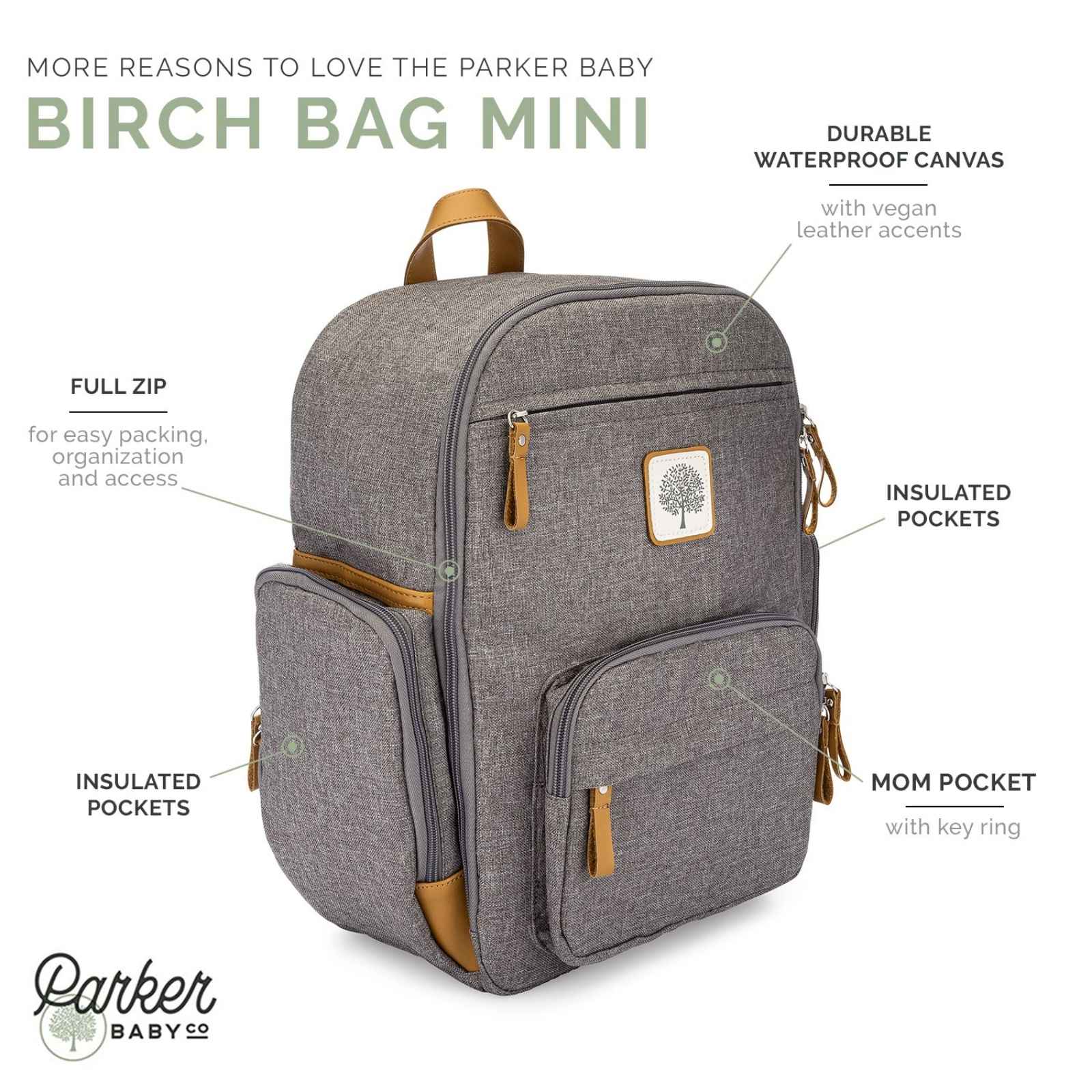 Gray backpack with brown accents labeled as a 'Parker Baby' product on a white background