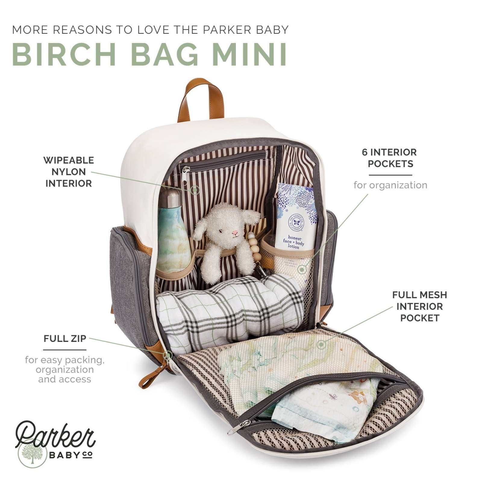 Parker Baby Birch Bag Mini with features highlighted on a white background