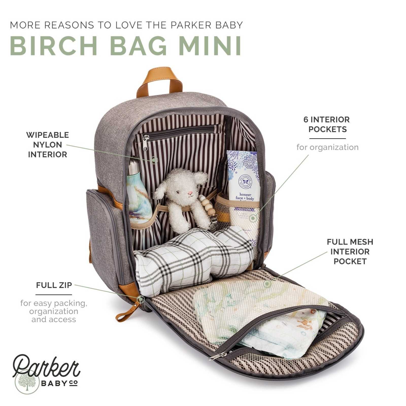 Parker Baby Birch Bag Mini with interior organization features on a white background