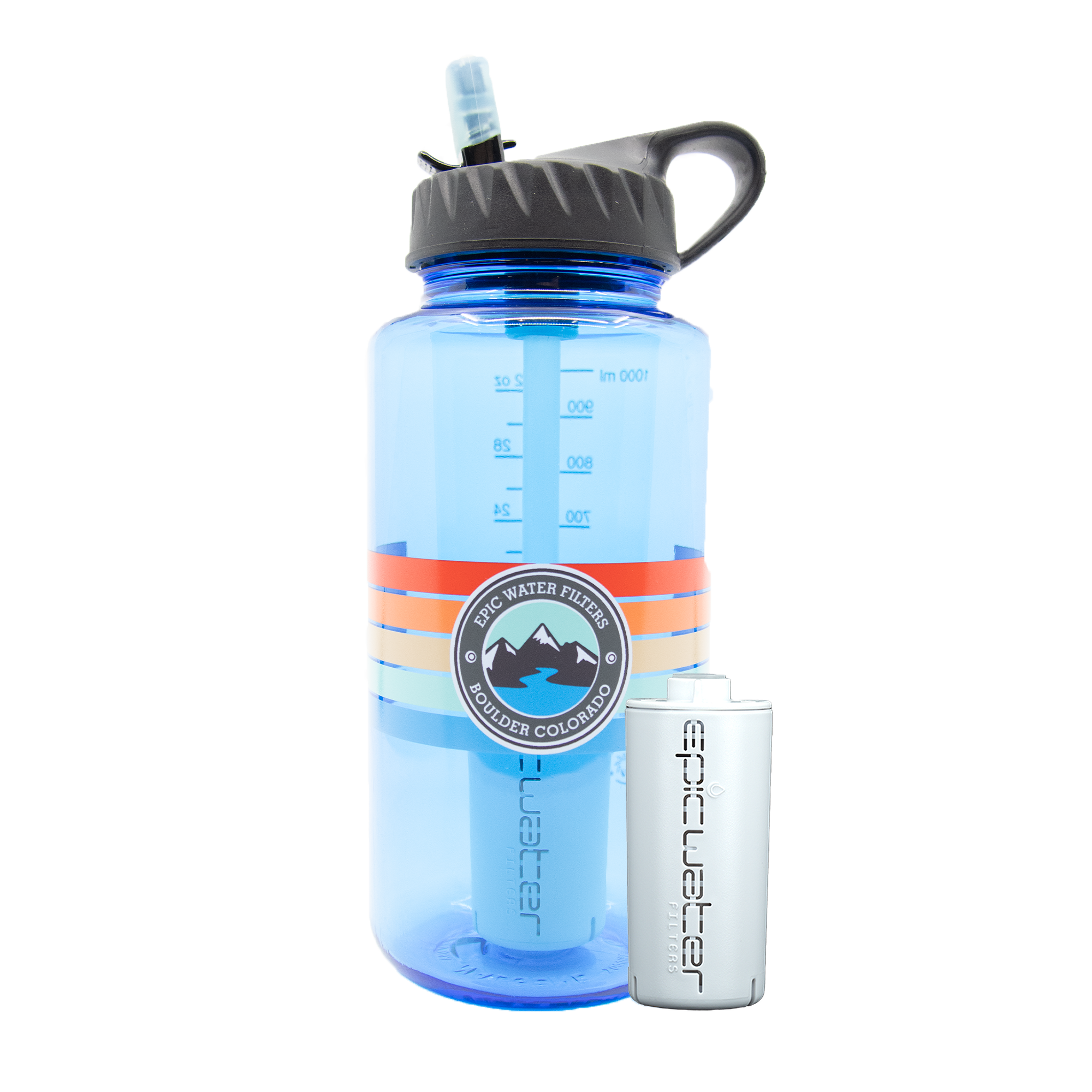 Blue water bottle with a straw lid and a smaller white container on a white background