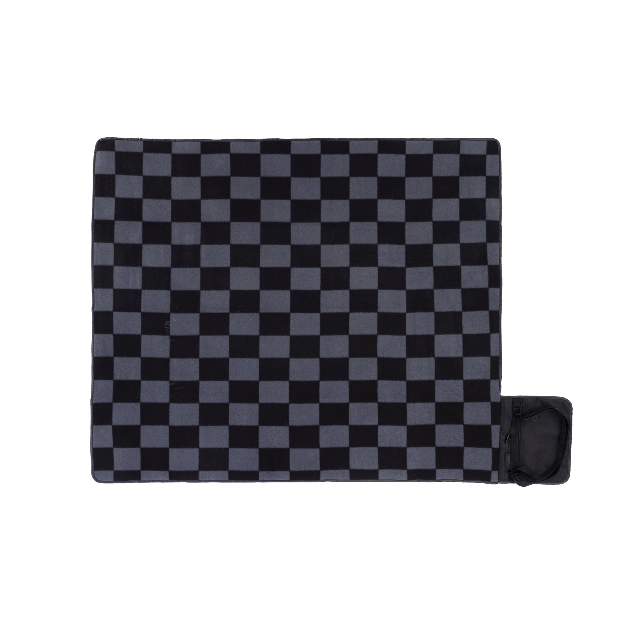 Black and gray checkered blanket with a strap on a white background
