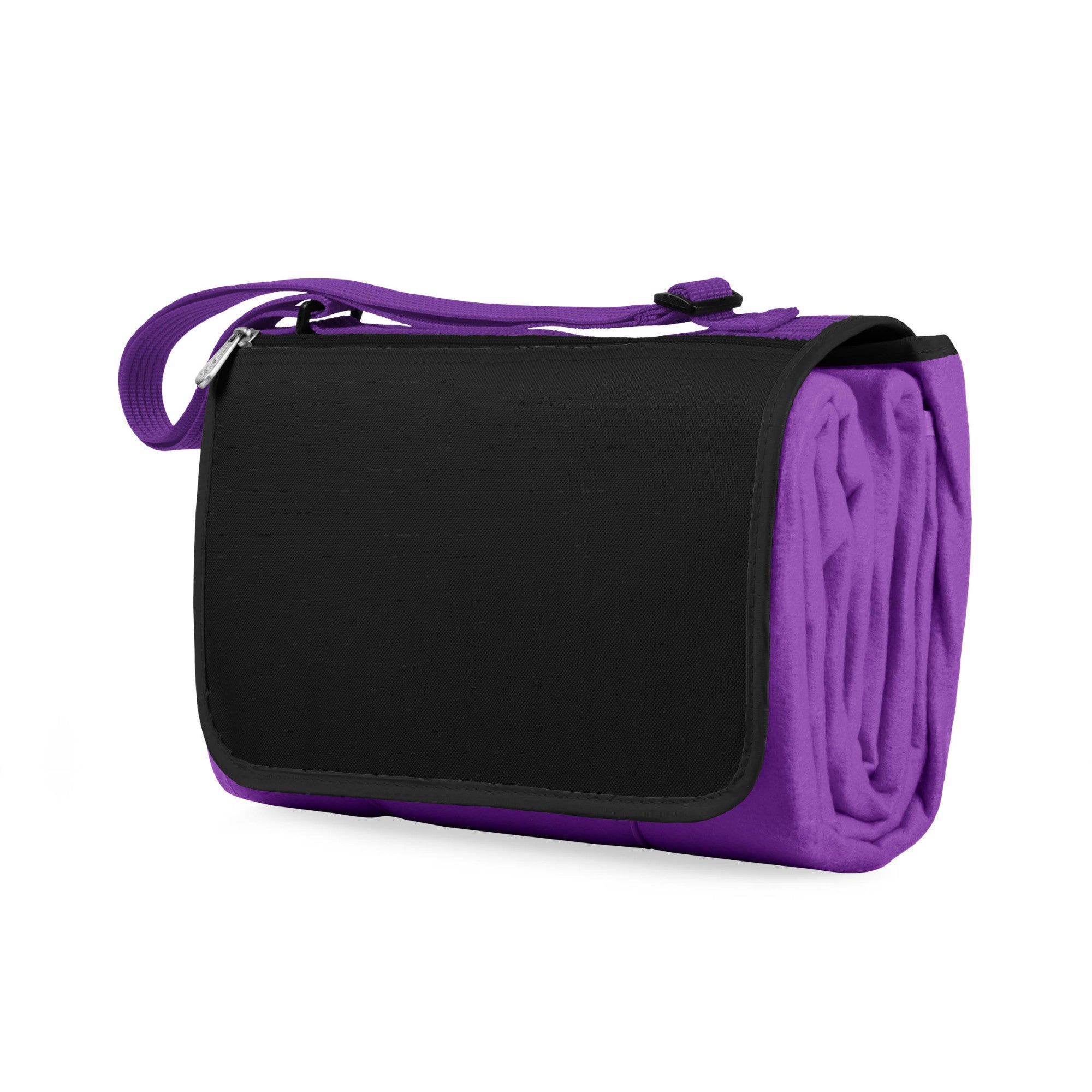 Black and purple bag with a blanket rolled up on a white background