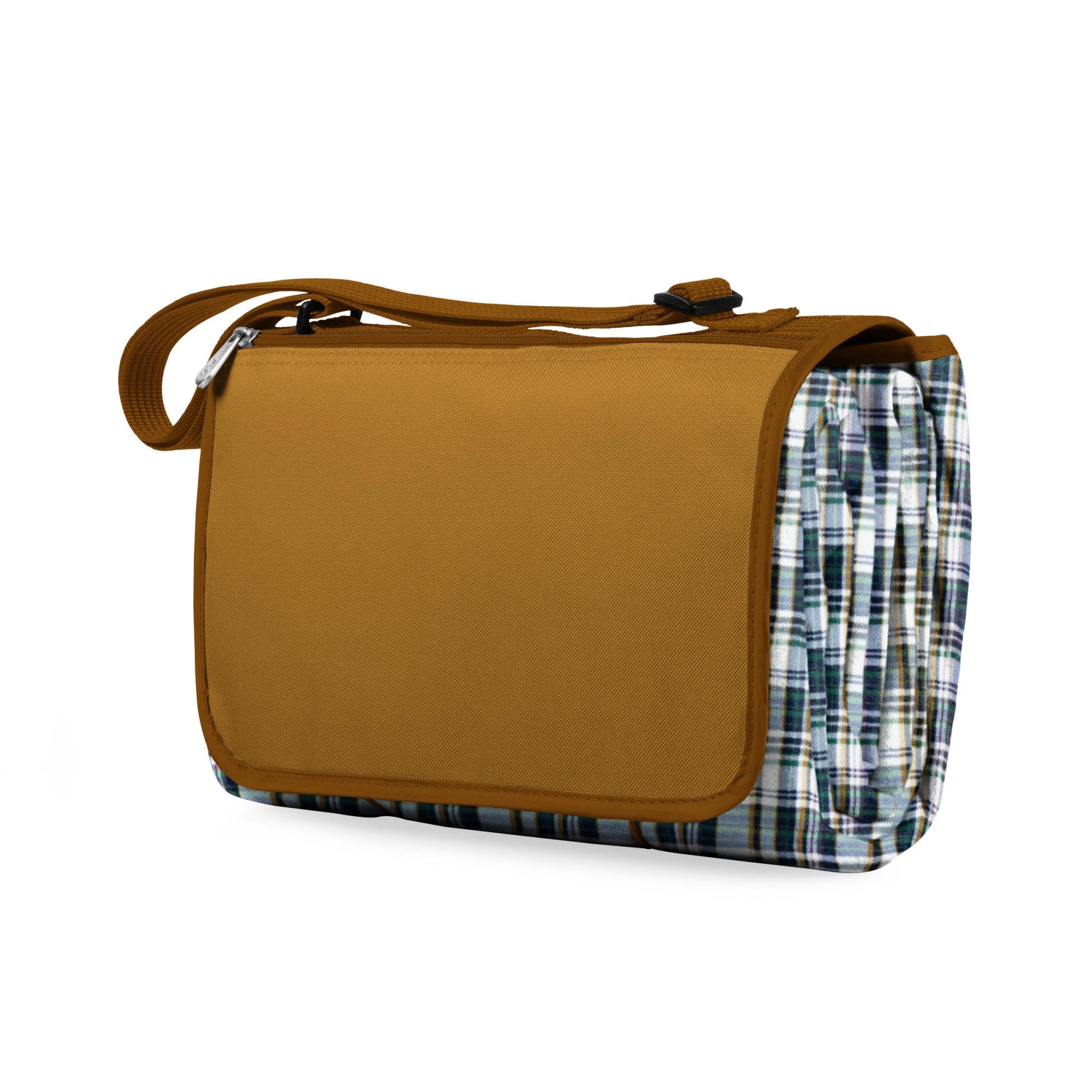 Brown messenger bag with plaid lining on a white background