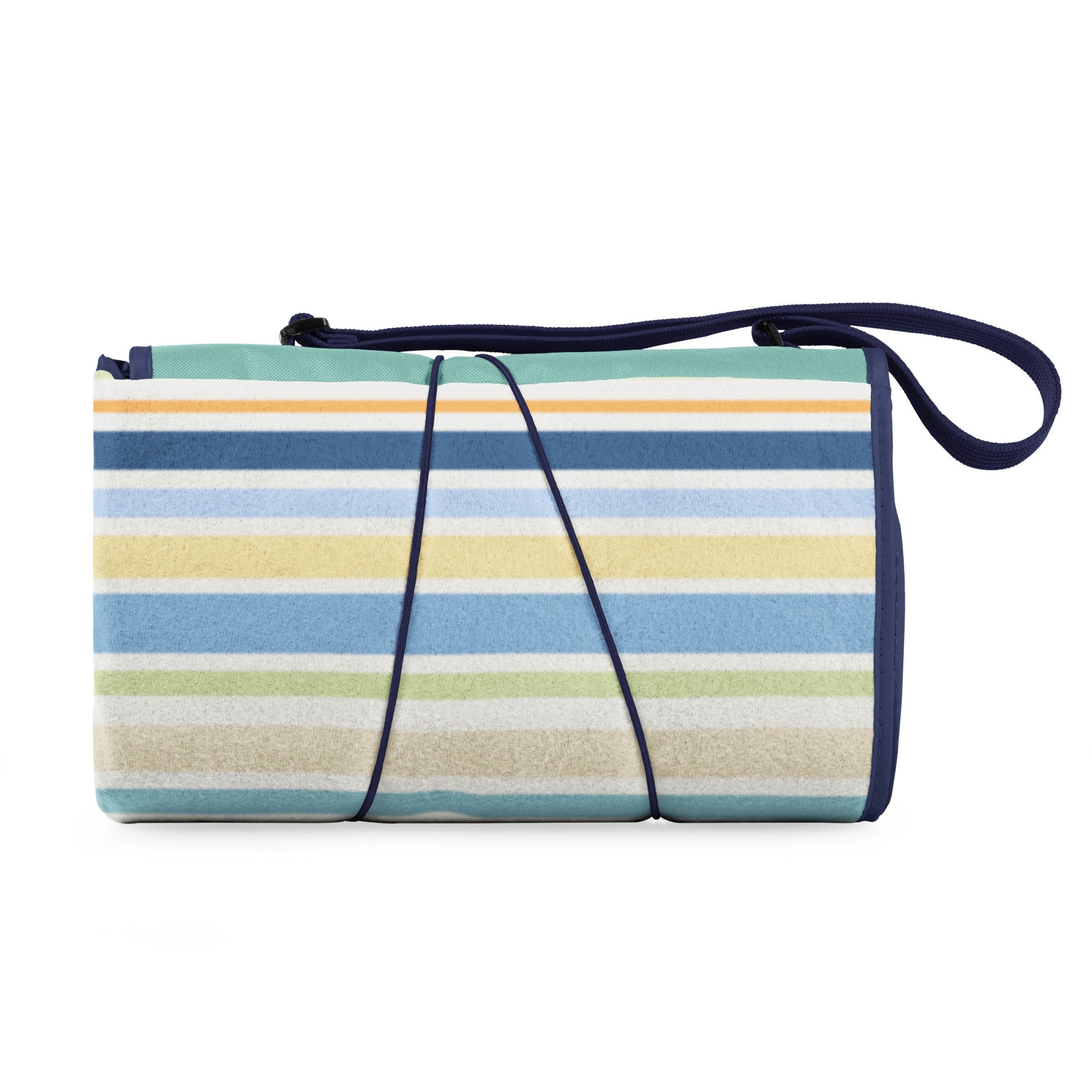 Striped picnic blanket with a strap on a white background