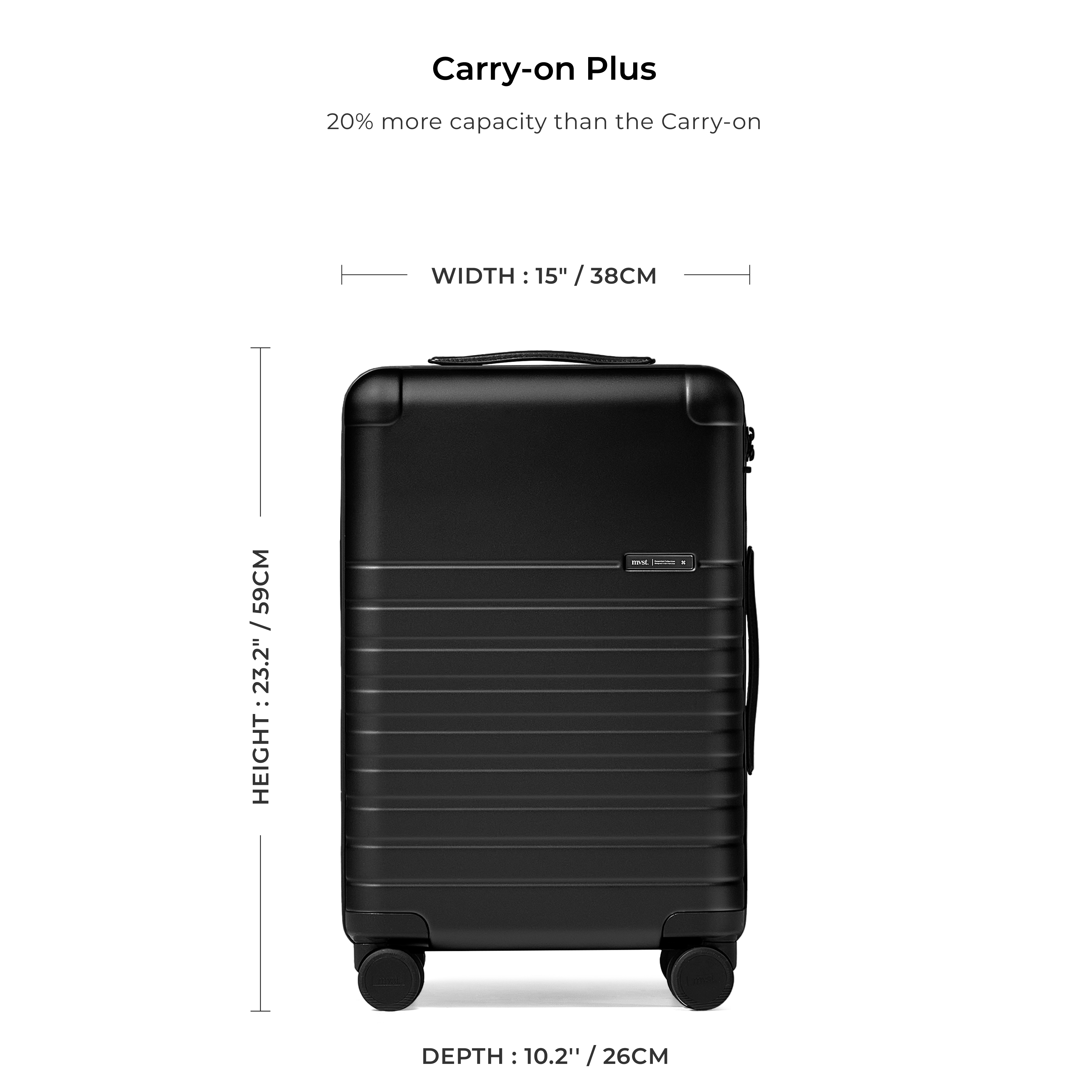 Black suitcase with dimensions labeled on a white background