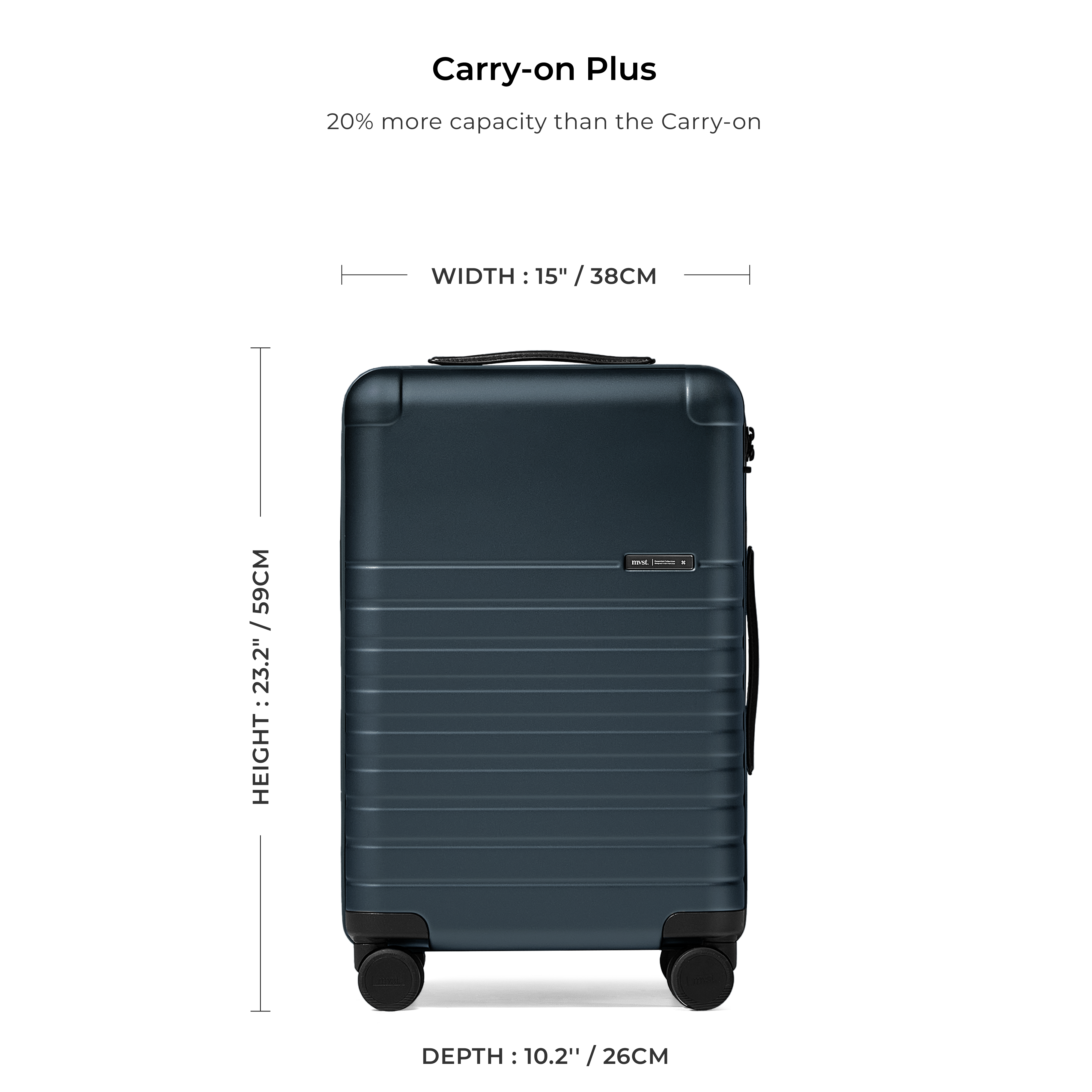 Blue suitcase labeled 'Carry-on Plus' with dimensions on a white background
