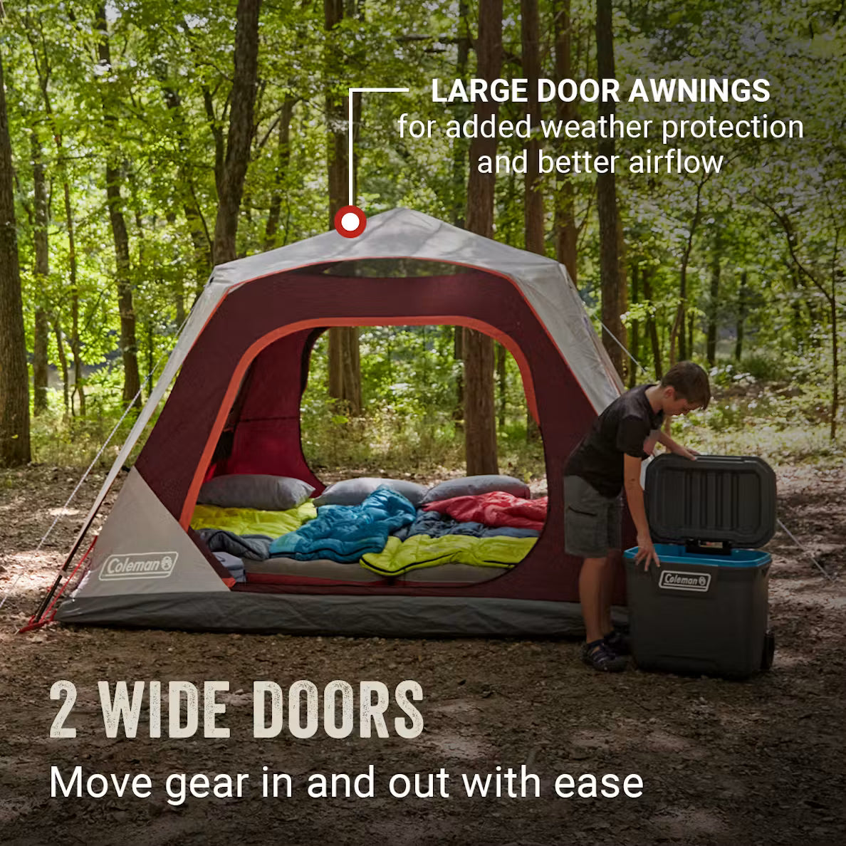 Camping tent with large door awnings and wide doors in a forest setting